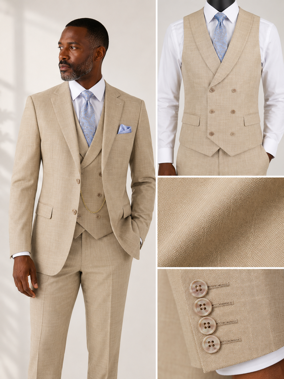 Men’s Modern Fit Summer 3-Piece Suit with Double-Breasted Vest – Taupe MV2K-2