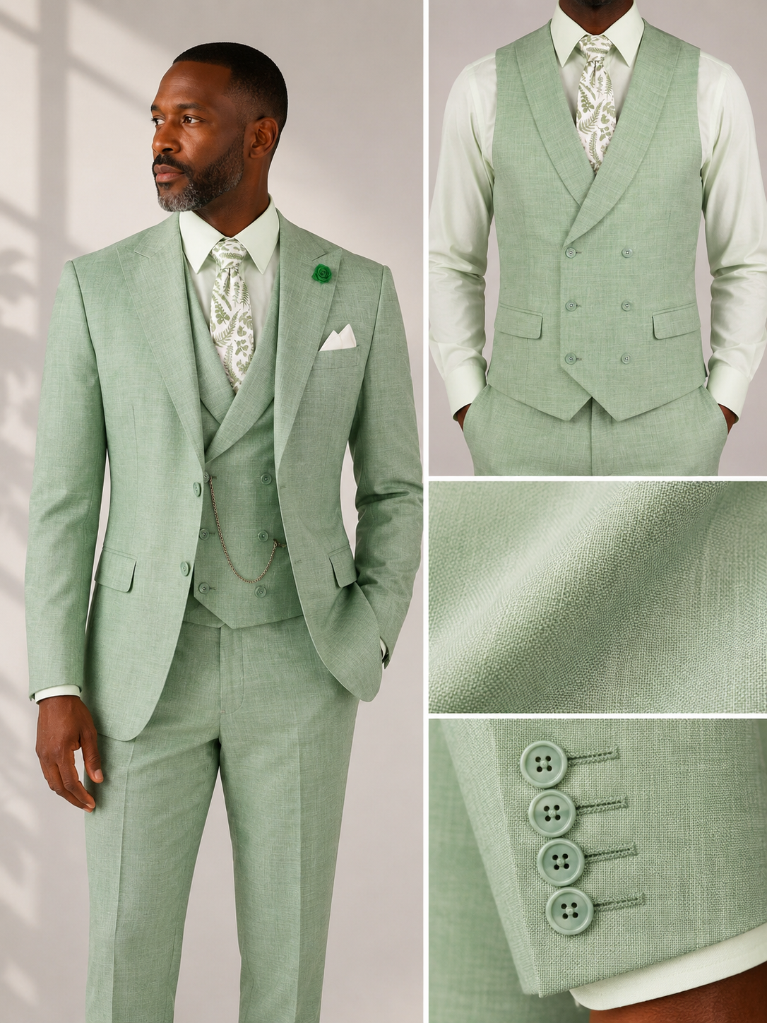 Men’s Modern Fit Summer 3-Piece Suit with Double-Breasted Vest – Light Green MV2K-2