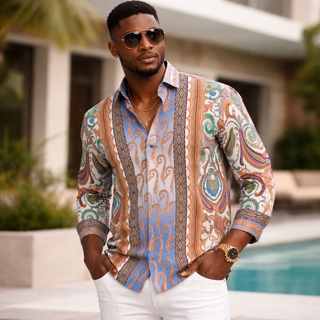 Prestige Men’s Multicolor Luxury Cotton Long Sleeve Button-Up Shirt – Blue 401