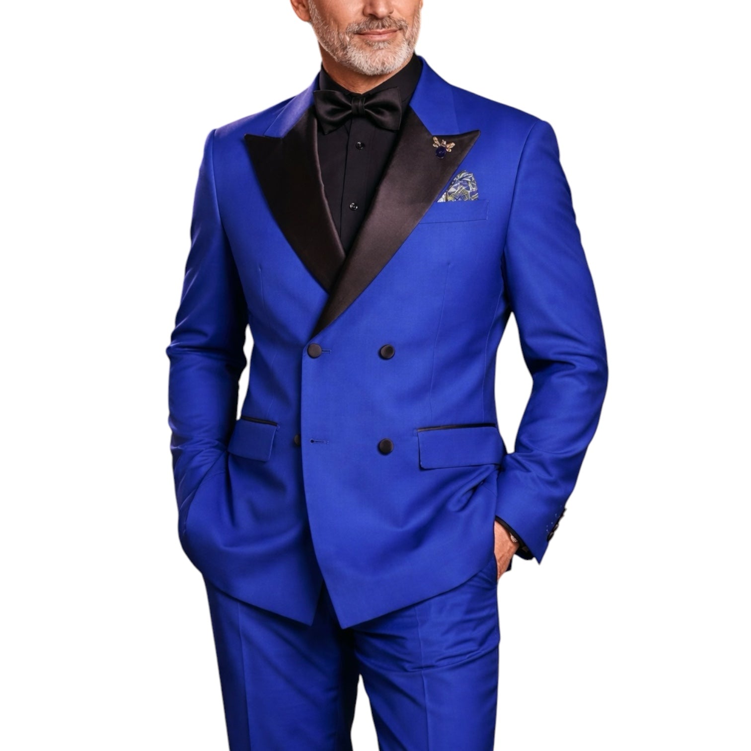 Men’s Regular Fit Double Breasted Tuxedo with Satin Lapel & Bow Tie - Royal Blue TDB900