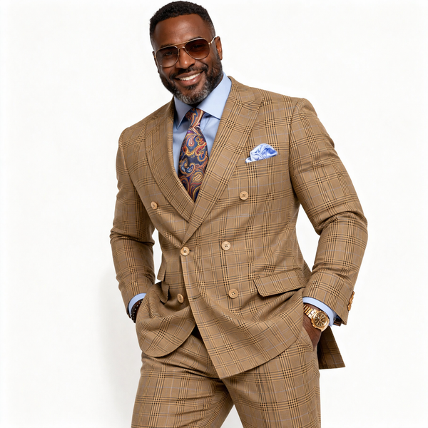 Men's Regular Fit Double Breasted Plaid Suit with Flat Front Pants and
