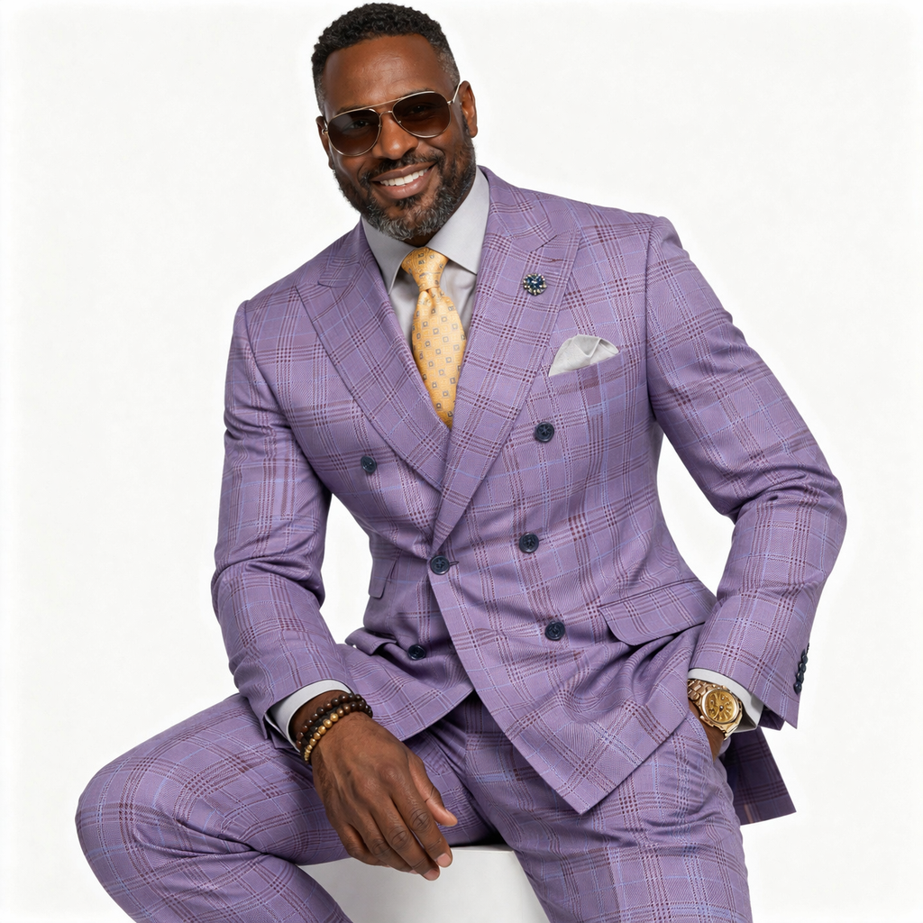 Men’s Regular Fit Double Breasted Plaid Suit with Flat Front Pants and Side Vents – Light Purple - DRW-2B