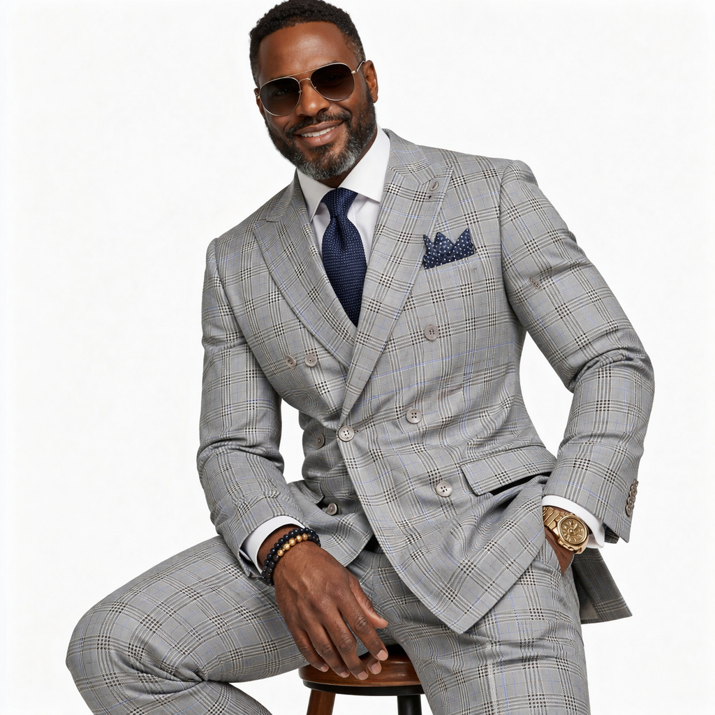 Men’s Regular Fit Double Breasted Plaid Suit with Flat Front Pants and Side Vents – Gray - DRW-2B