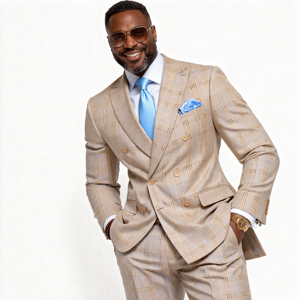 Men’s Regular Fit Double Breasted Plaid Suit with Flat Front Pants and Side Vents – Beige - DRW-2B