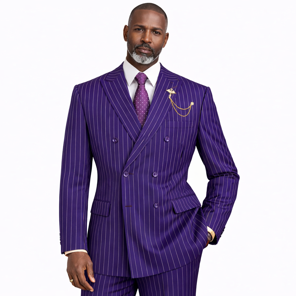 Men’s Double Breasted Pinstripe Suit – Purple Relaxed Fit 2 Piece FDSS