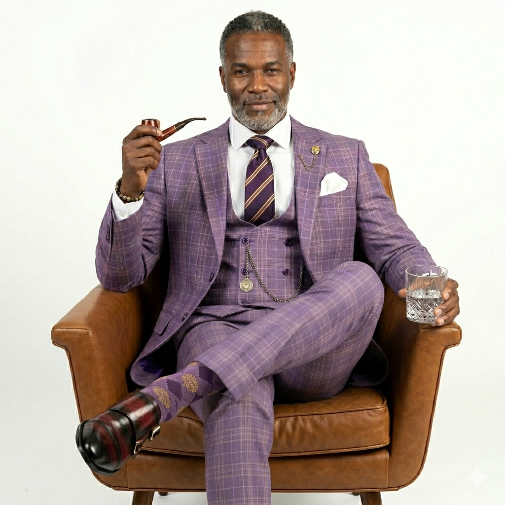 Men’s Glen Plaid 3 Piece Suit – Light Purple Regular Fit Double Breasted Vest V2RW7