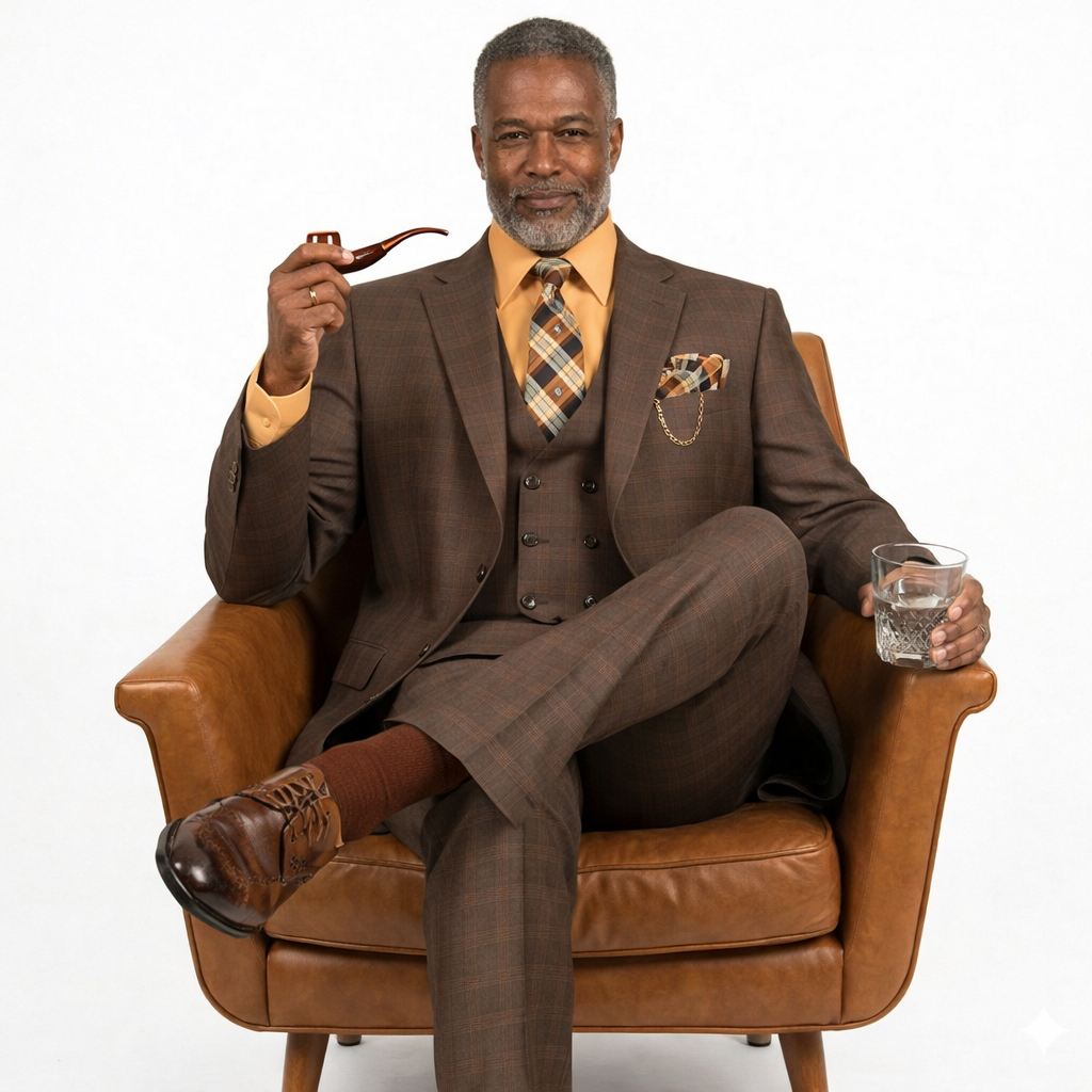 Men’s Glen Plaid 3 Piece Suit – Chestnut Regular Fit Double Breasted Vest V2RW7