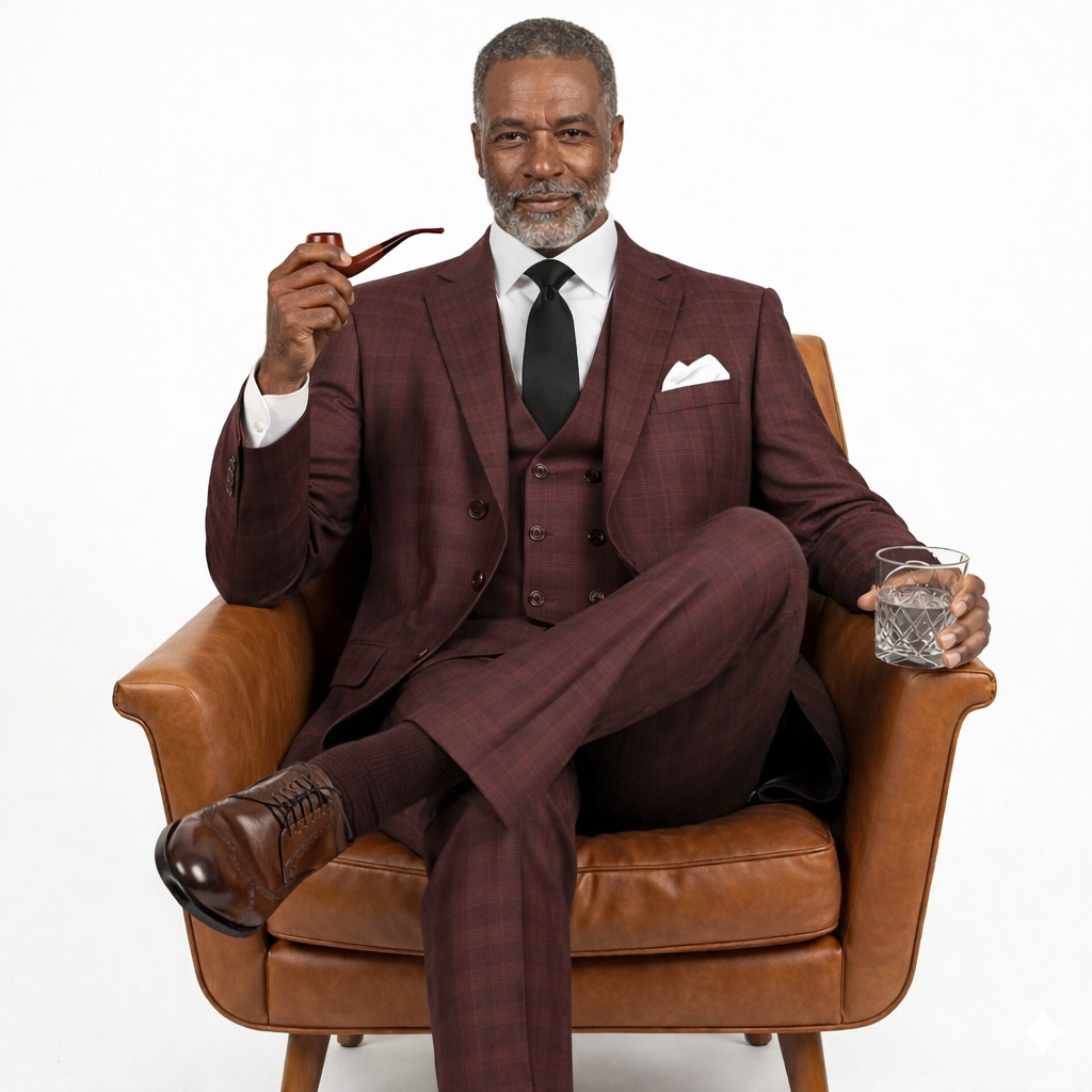 Men’s Glen Plaid 3 Piece Suit – Burgundy Regular Fit Double Breasted Vest V2RW7