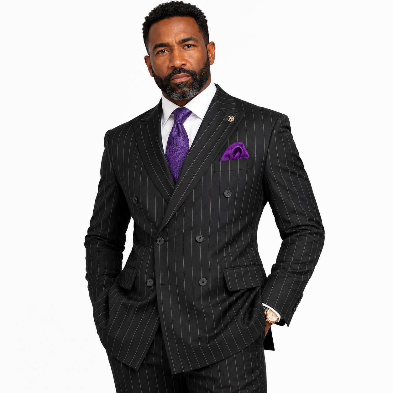 Men’s Regular Fit Double Breasted Pinstripe Suit – Black - DSS-5