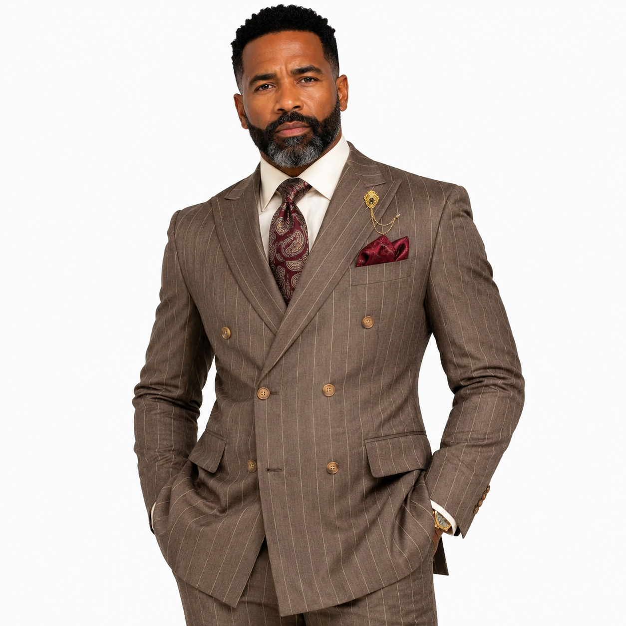Men’s Regular Fit Double Breasted Pinstripe Suit – Mocha - DSS-5