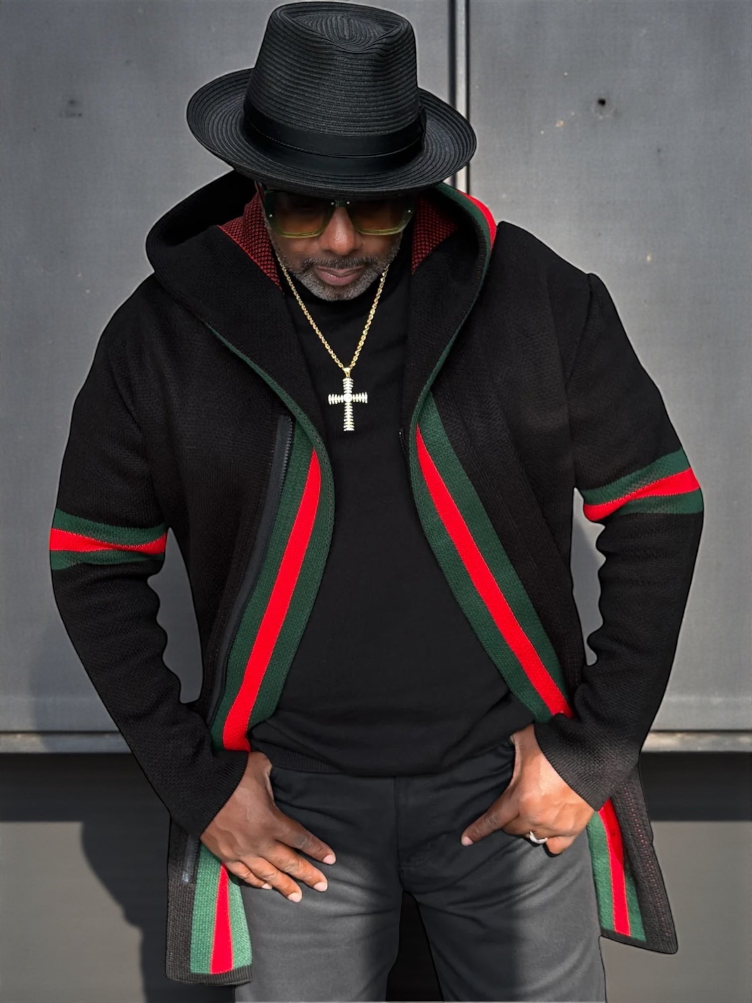 OIM "Designer" Cardigan 3/4 Length Sweater Jacket (Black/Red)