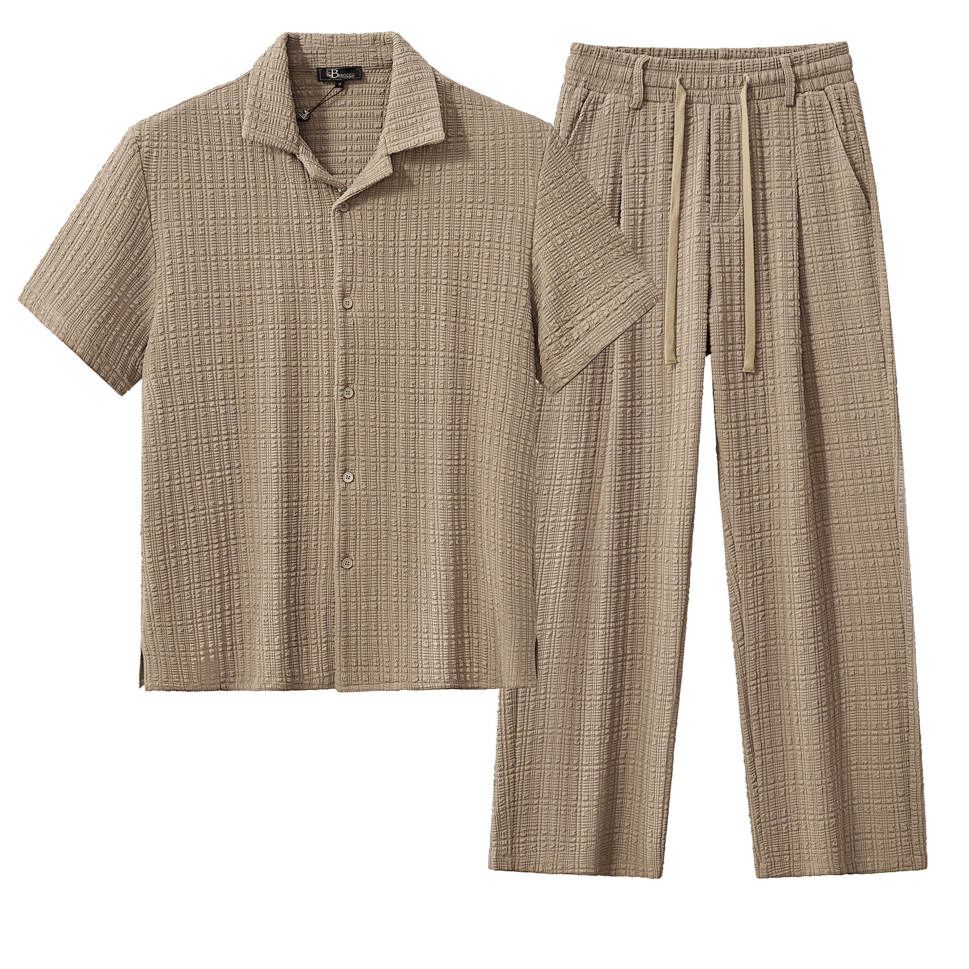 Loft Set – Textured Short Sleeve Shirt & Pant BROWN