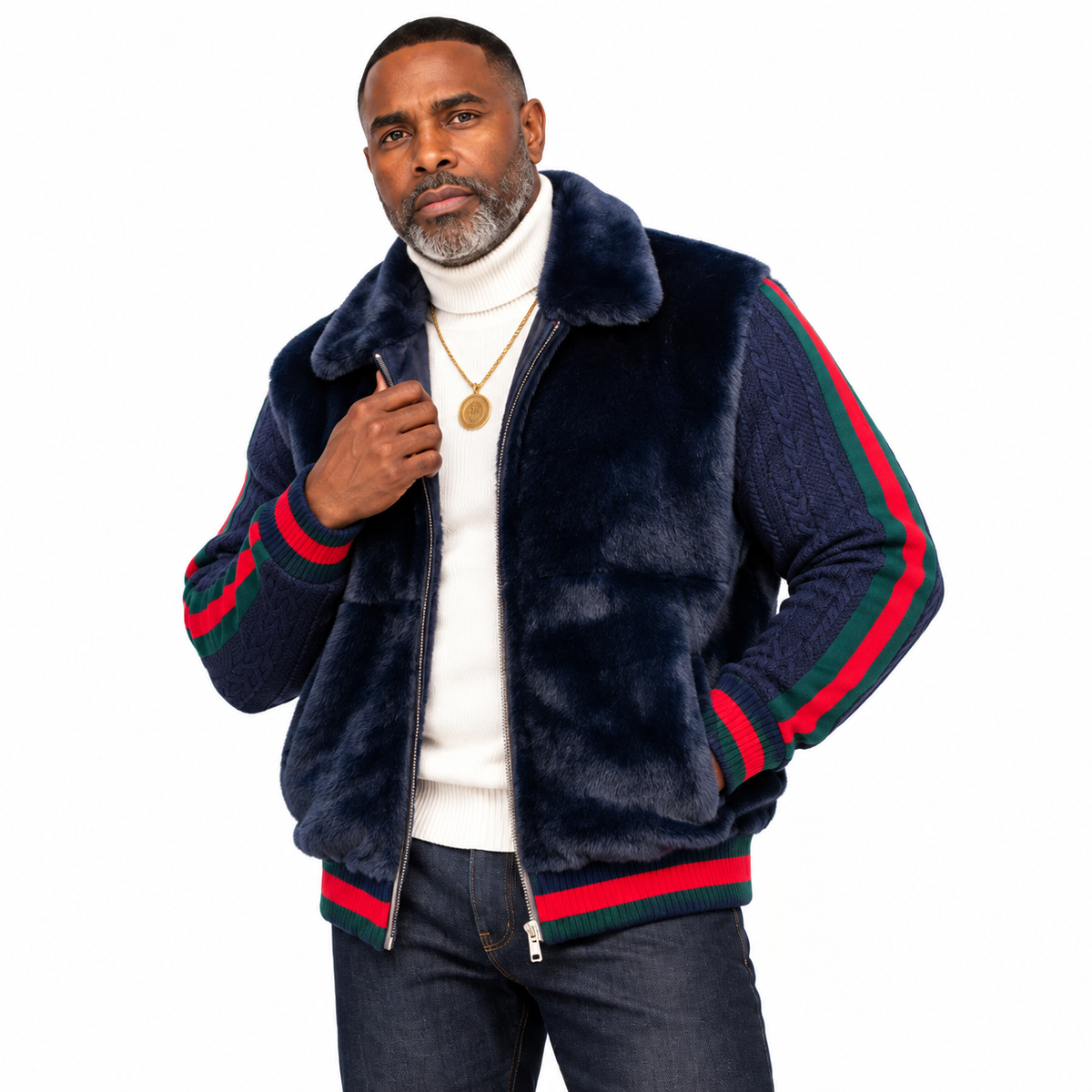Prestige Fur Bomber Sweater Jacket (Navy/Red/Green) 175