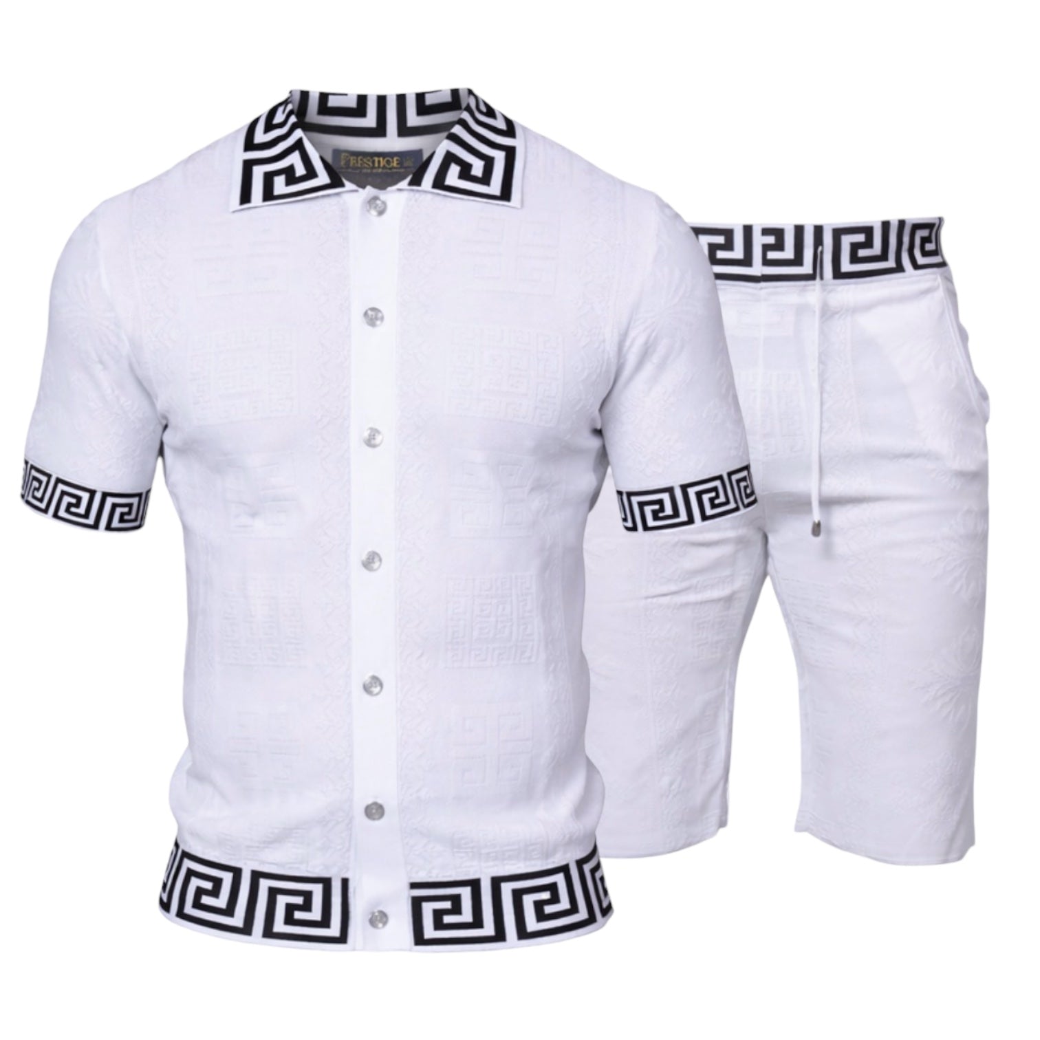 Prestige Men’s Greek Key Knit Short Set – White/Black 6125