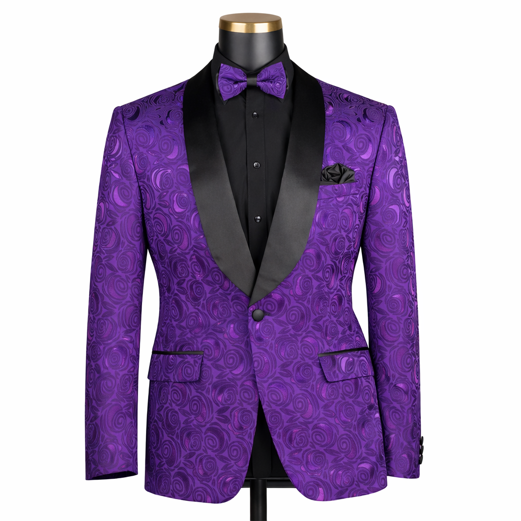 Men’s Floral Jacquard Shawl Lapel Blazer with Matching Bow Tie – Formal Tuxedo Jacket – Purple