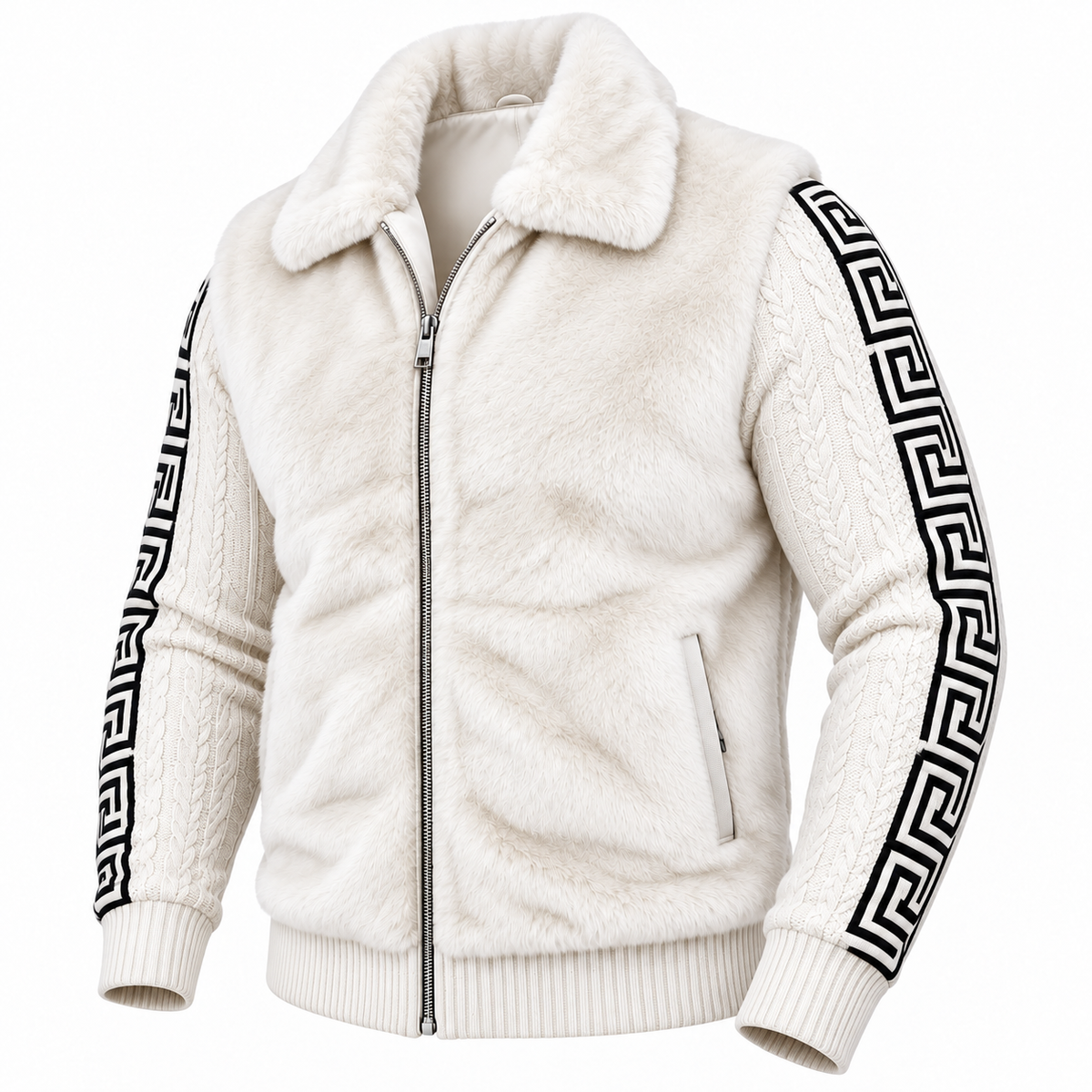 Prestige Fur Bomber Sweater Jacket (White/Black) 170