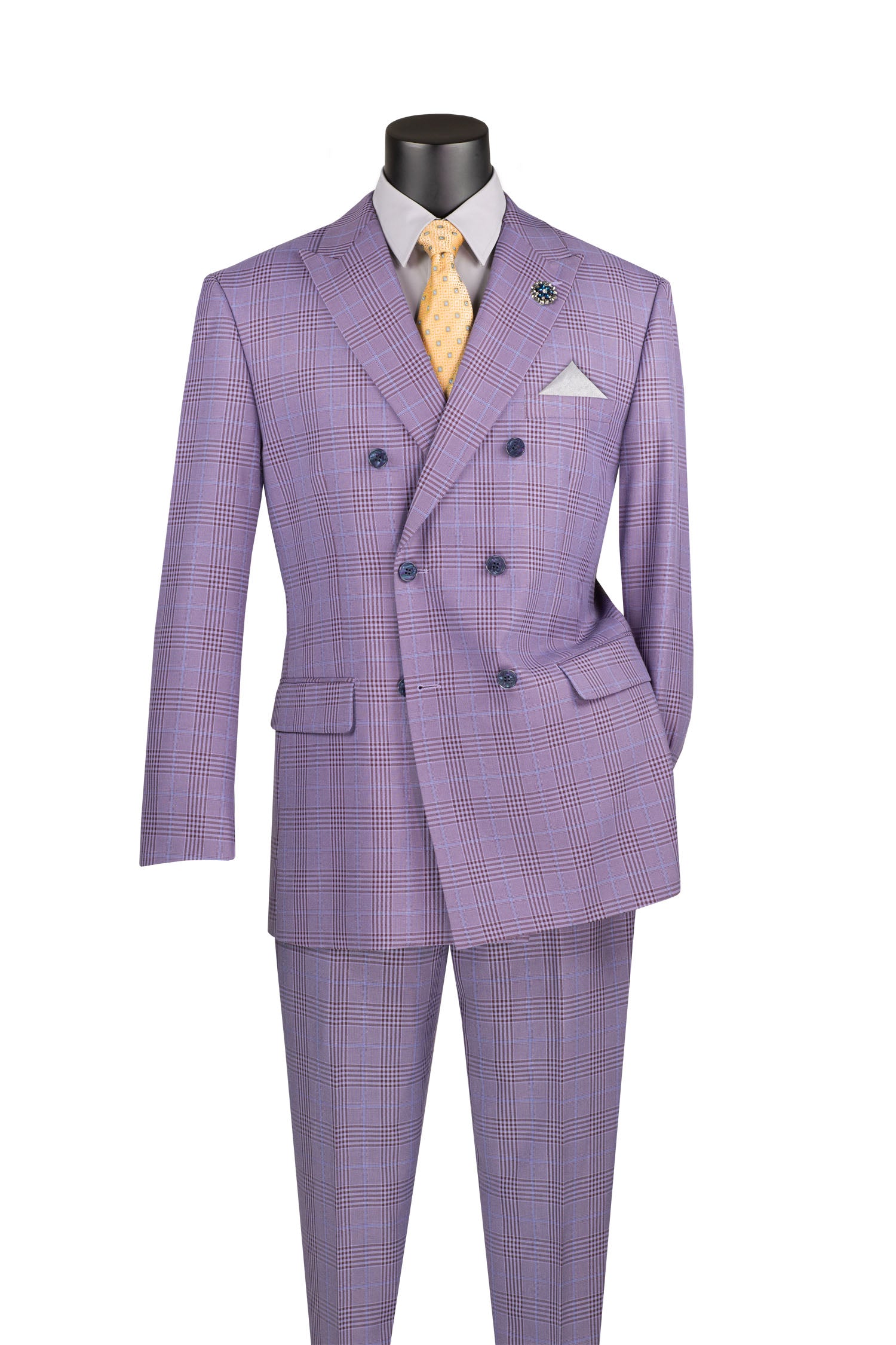 Men’s Regular Fit Double Breasted Plaid Suit with Flat Front Pants and Side Vents – Light Purple - DRW-2B