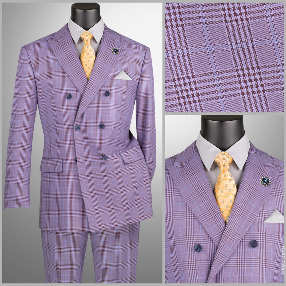 Men’s Regular Fit Double Breasted Plaid Suit with Flat Front Pants and Side Vents – Light Purple - DRW-2B