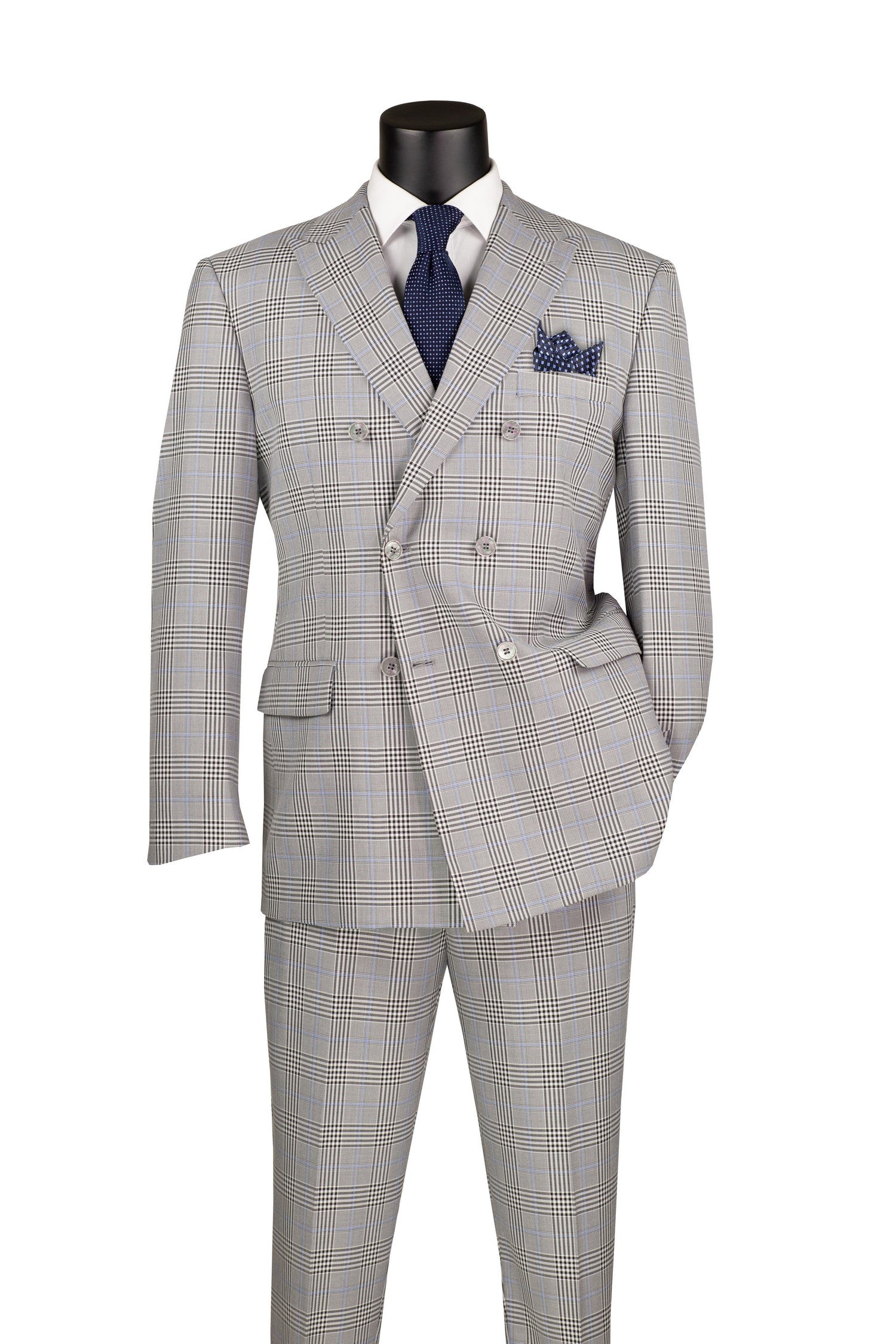 Men’s Regular Fit Double Breasted Plaid Suit with Flat Front Pants and Side Vents – Gray - DRW-2B
