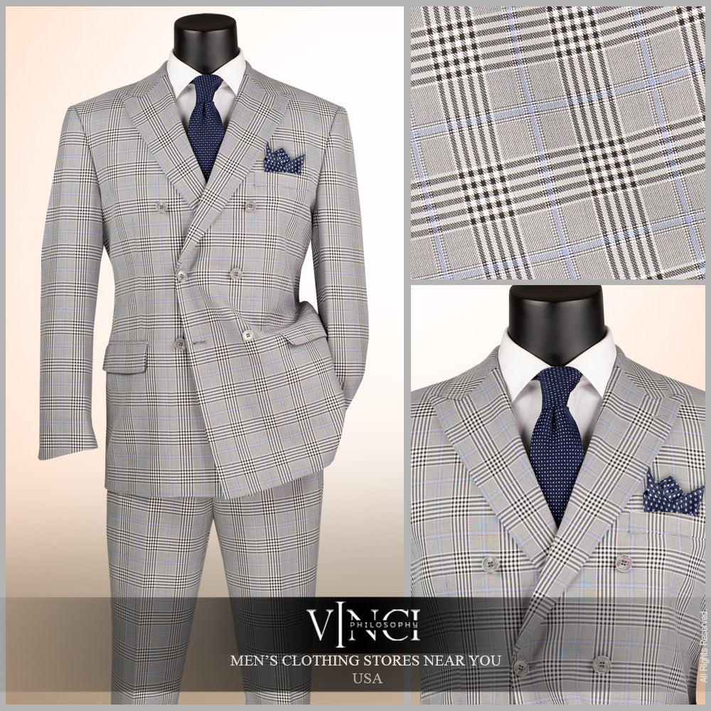 Men’s Regular Fit Double Breasted Plaid Suit with Flat Front Pants and Side Vents – Gray - DRW-2B
