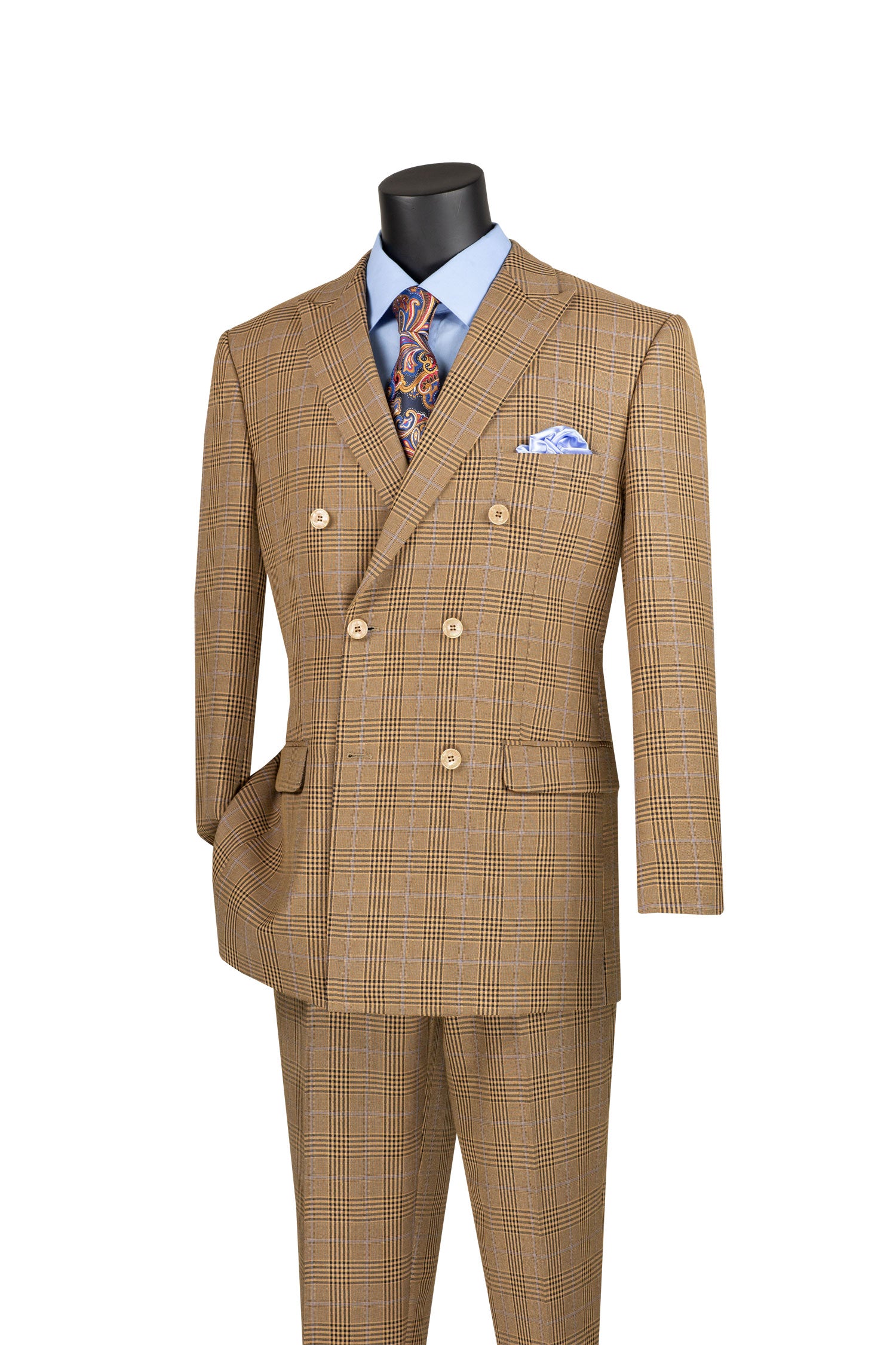 Men’s Regular Fit Double Breasted Plaid Suit with Flat Front Pants and Side Vents – Mocha - DRW-2B