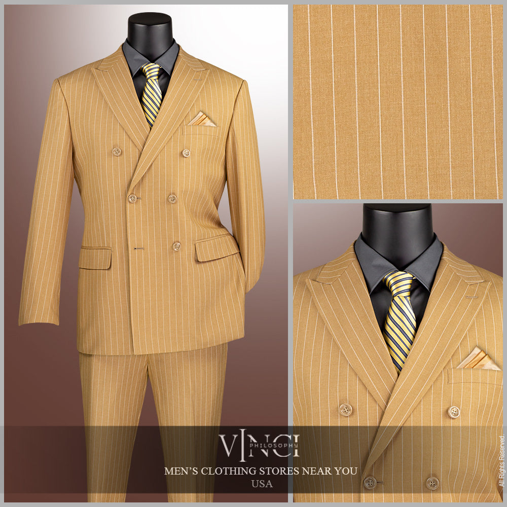 Men’s Double Breasted Pinstripe Suit – Camel Relaxed Fit 2 Piece FDSS