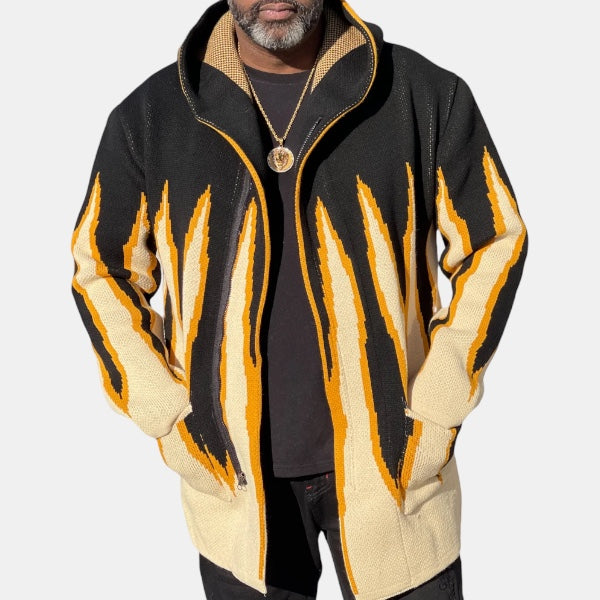 Flames Cardigan Sweater 3/4 Length (Black/Gold) OIM