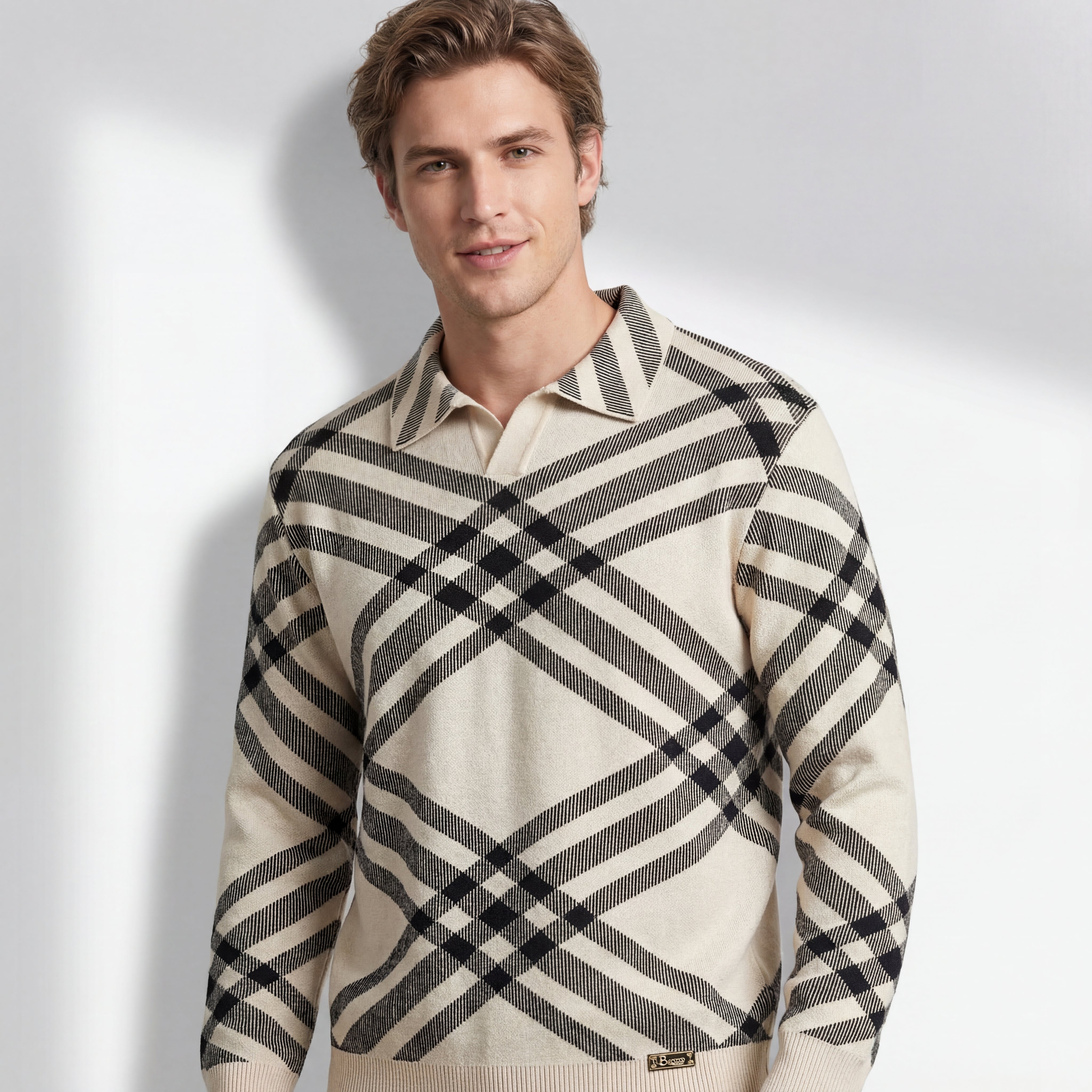 Paramount Lattice Knit Polo LS IVORY