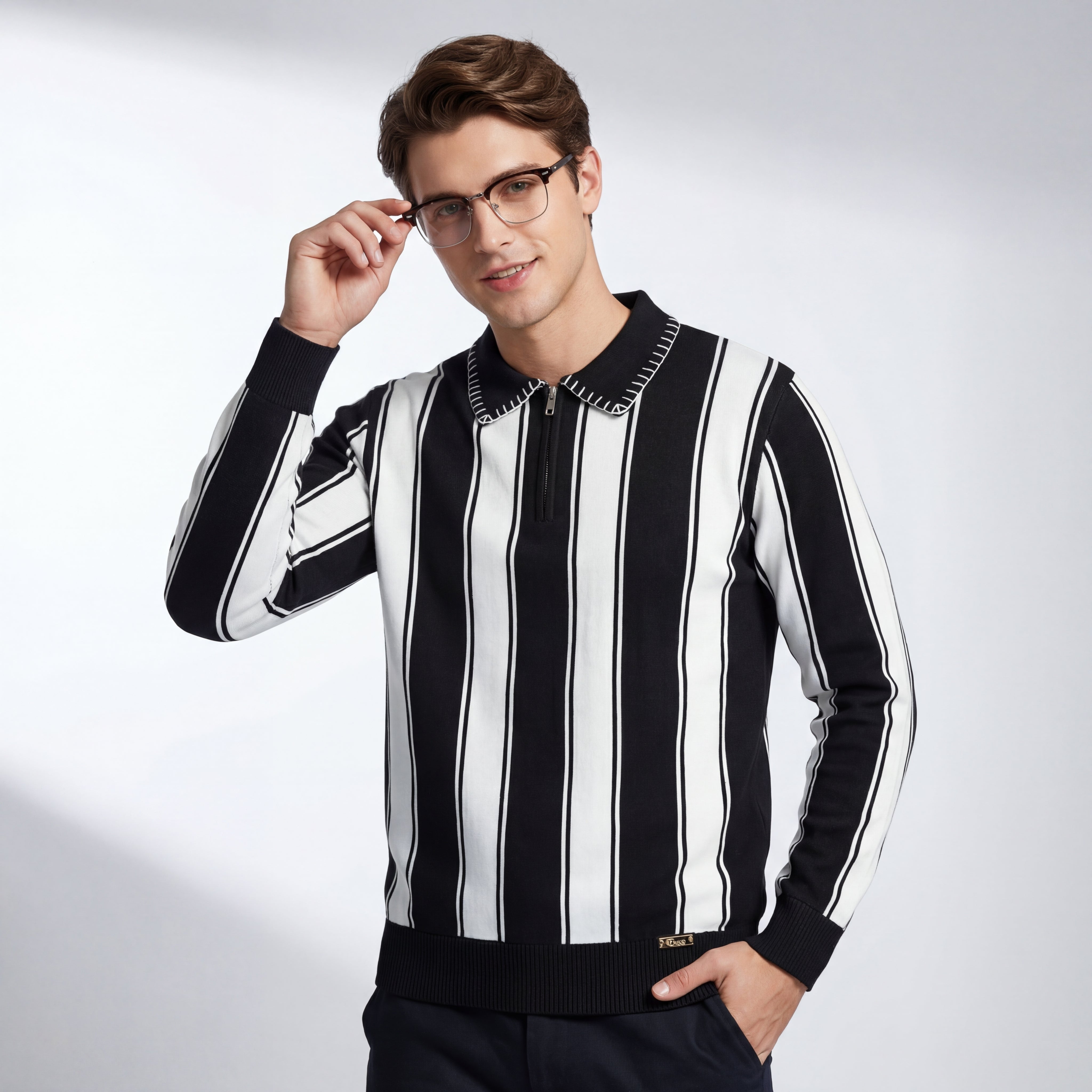 Vanguard Stripe Knit Polo LS BLACK