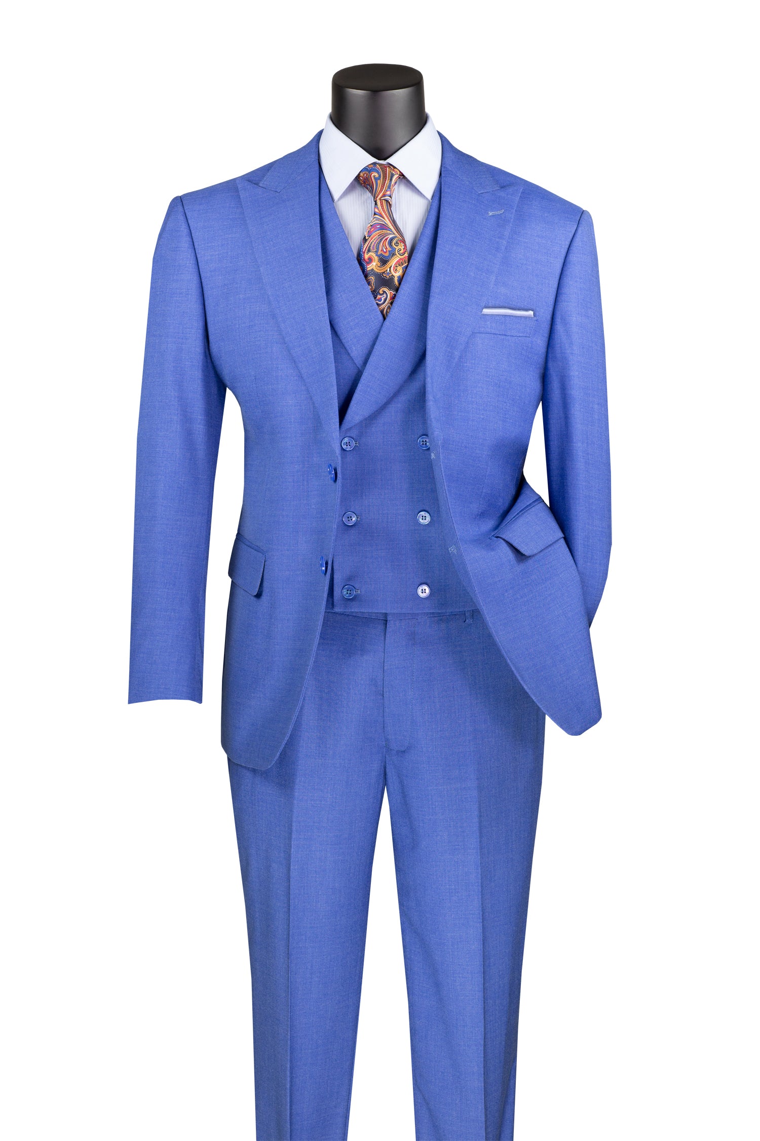 Men’s Modern Fit Summer 3-Piece Suit with Double-Breasted Vest – French Blue MV2K-2