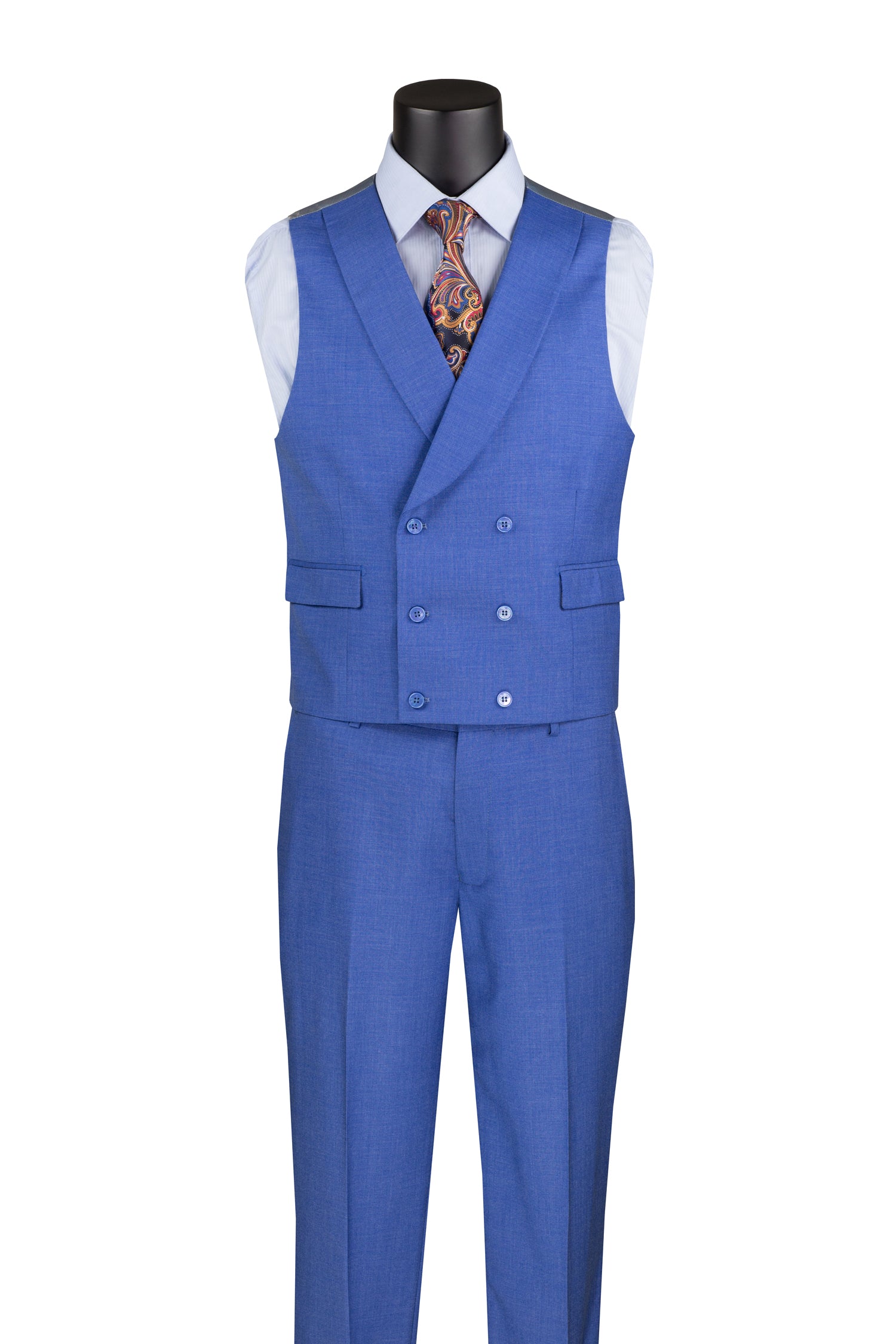Men’s Modern Fit Summer 3-Piece Suit with Double-Breasted Vest – French Blue MV2K-2
