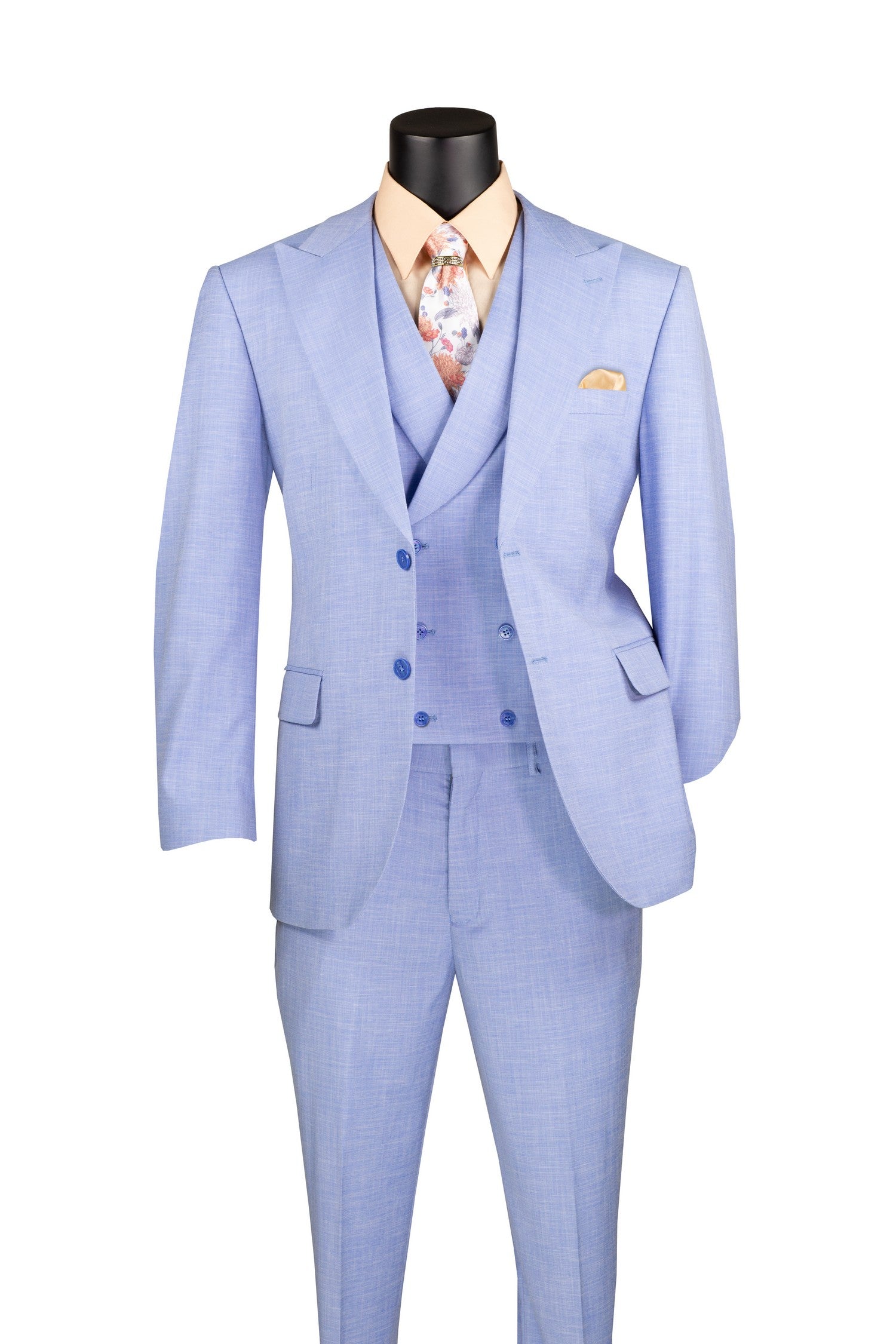 Men’s Modern Fit Summer 3-Piece Suit with Double-Breasted Vest – Light Blue MV2K-2