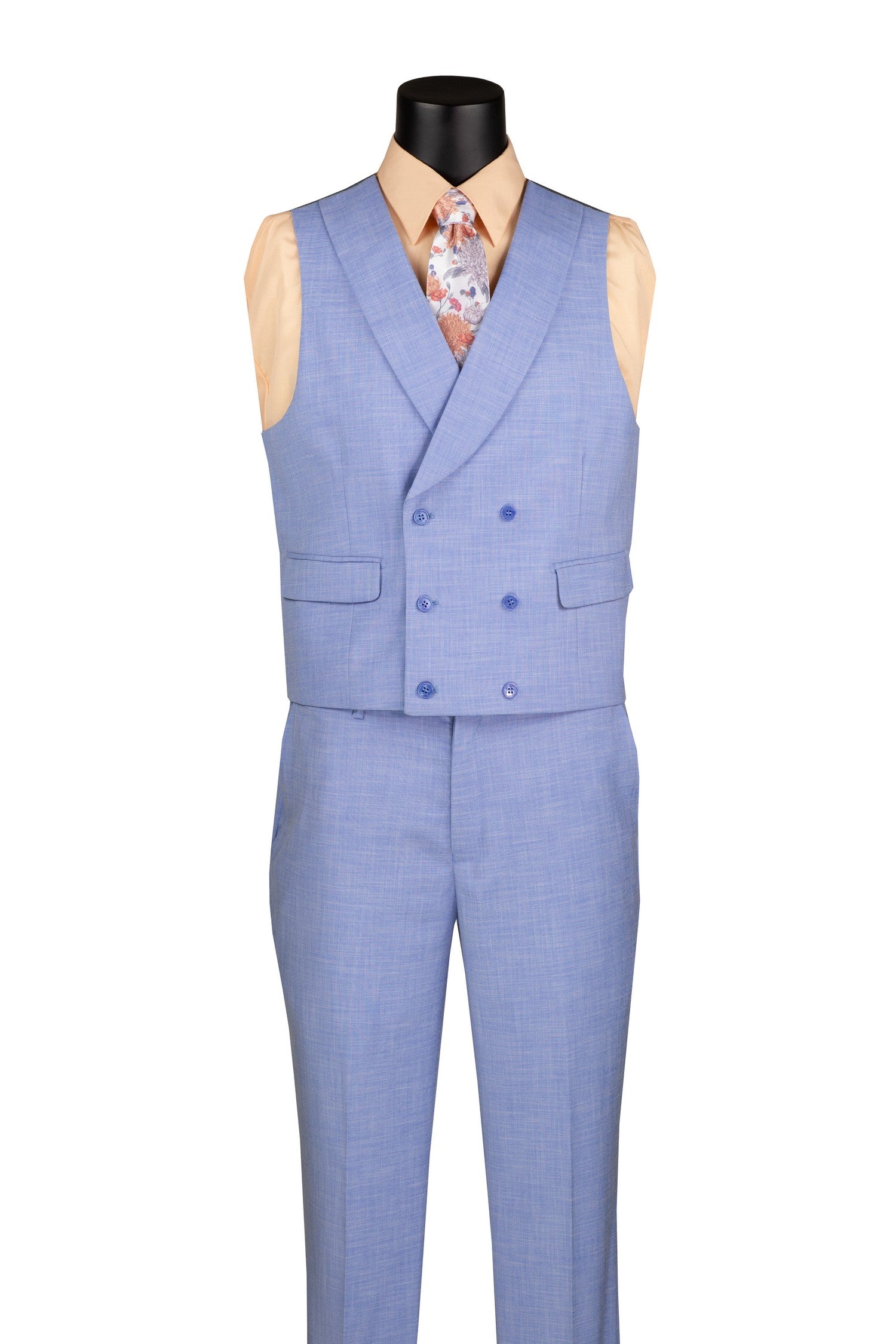 Men’s Modern Fit Summer 3-Piece Suit with Double-Breasted Vest – Light Blue MV2K-2