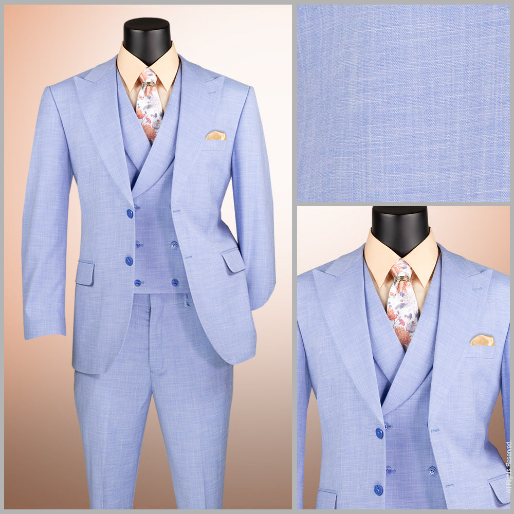 Men’s Modern Fit Summer 3-Piece Suit with Double-Breasted Vest – Light Blue MV2K-2