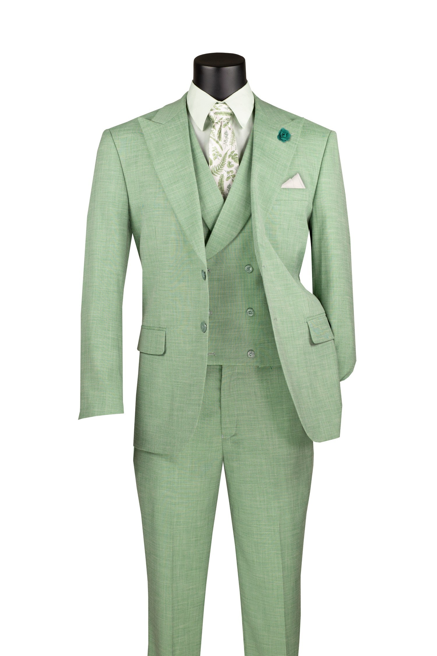 Men’s Modern Fit Summer 3-Piece Suit with Double-Breasted Vest – Light Green MV2K-2