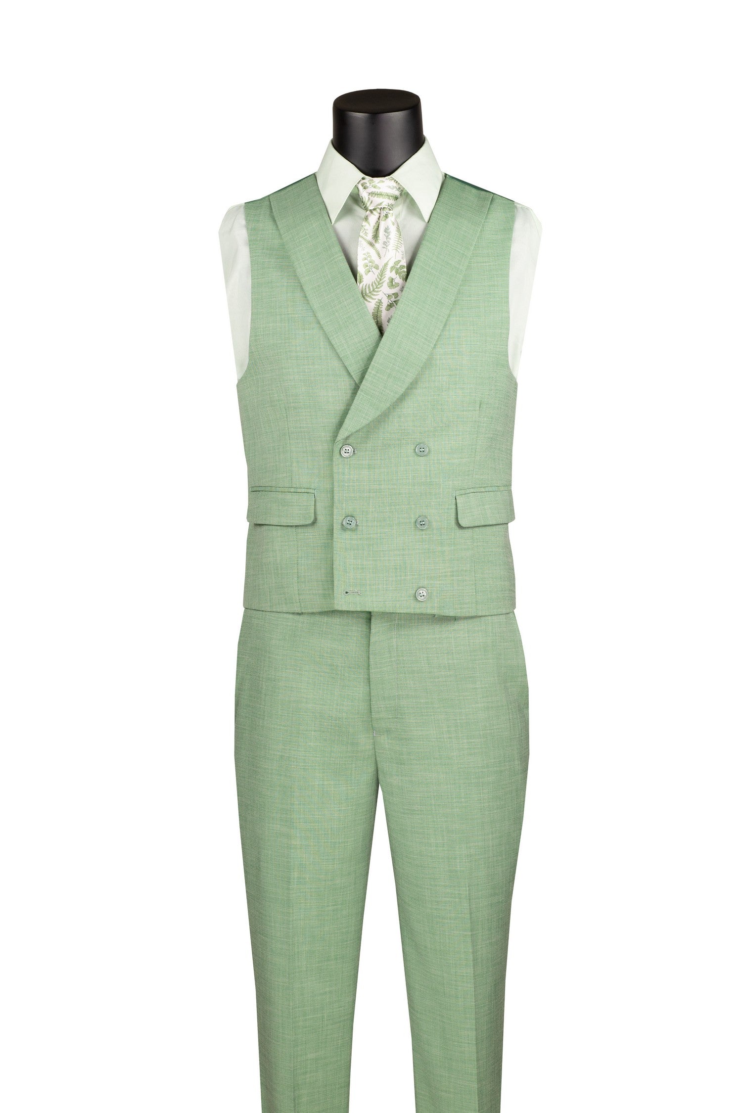 Men’s Modern Fit Summer 3-Piece Suit with Double-Breasted Vest – Light Green MV2K-2