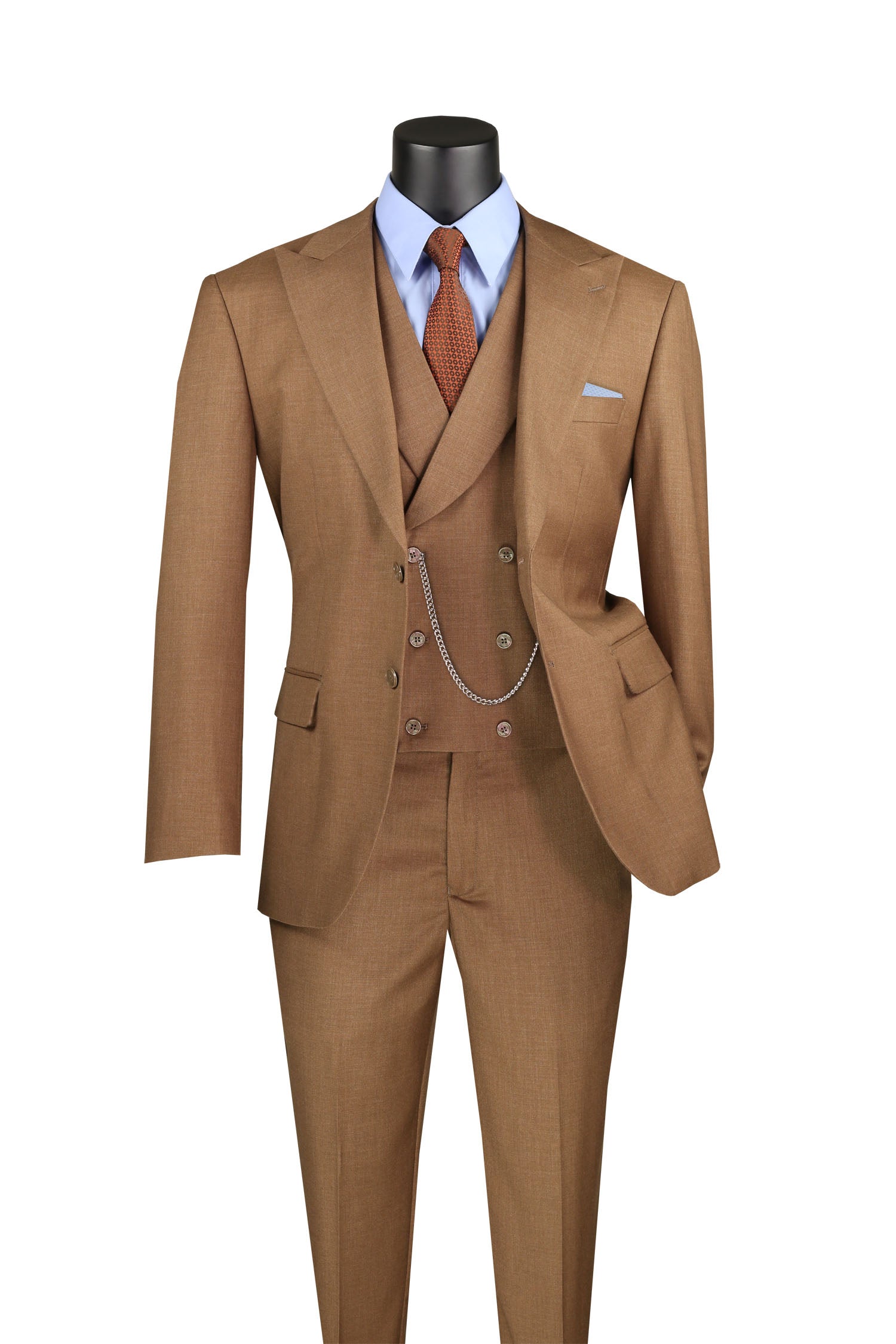 Men’s Modern Fit Summer 3-Piece Suit with Double-Breasted Vest – Light Brown MV2K-2