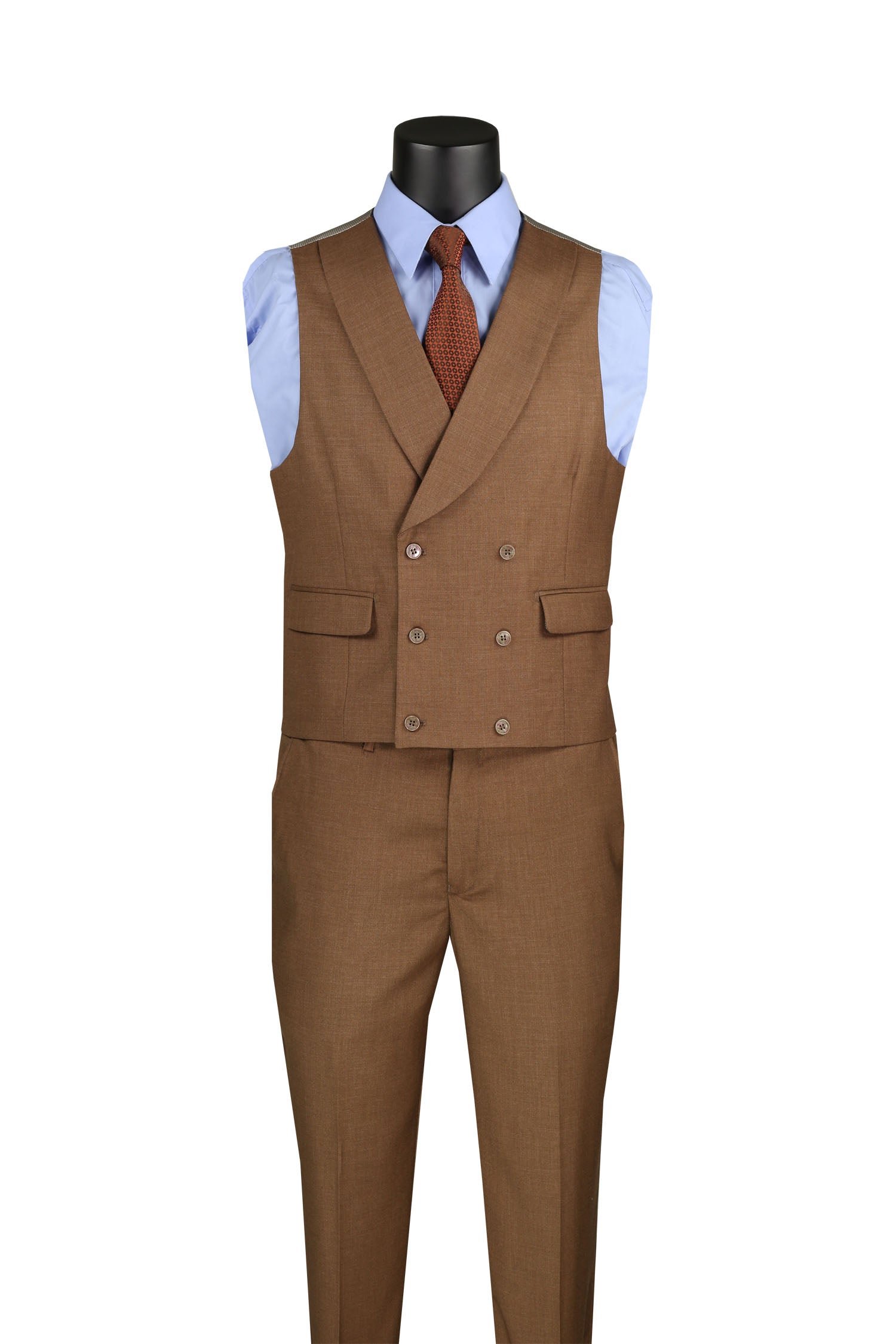 Men’s Modern Fit Summer 3-Piece Suit with Double-Breasted Vest – Light Brown MV2K-2