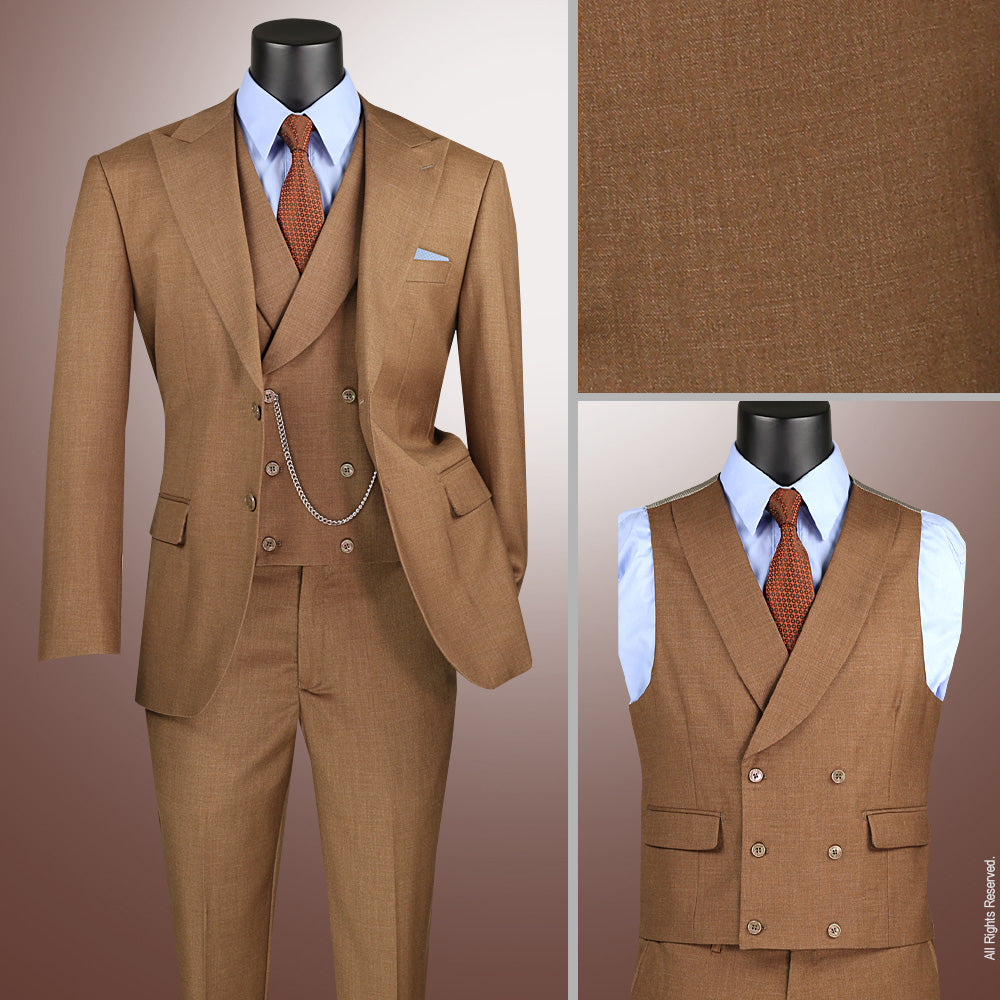Men’s Modern Fit Summer 3-Piece Suit with Double-Breasted Vest – Light Brown MV2K-2