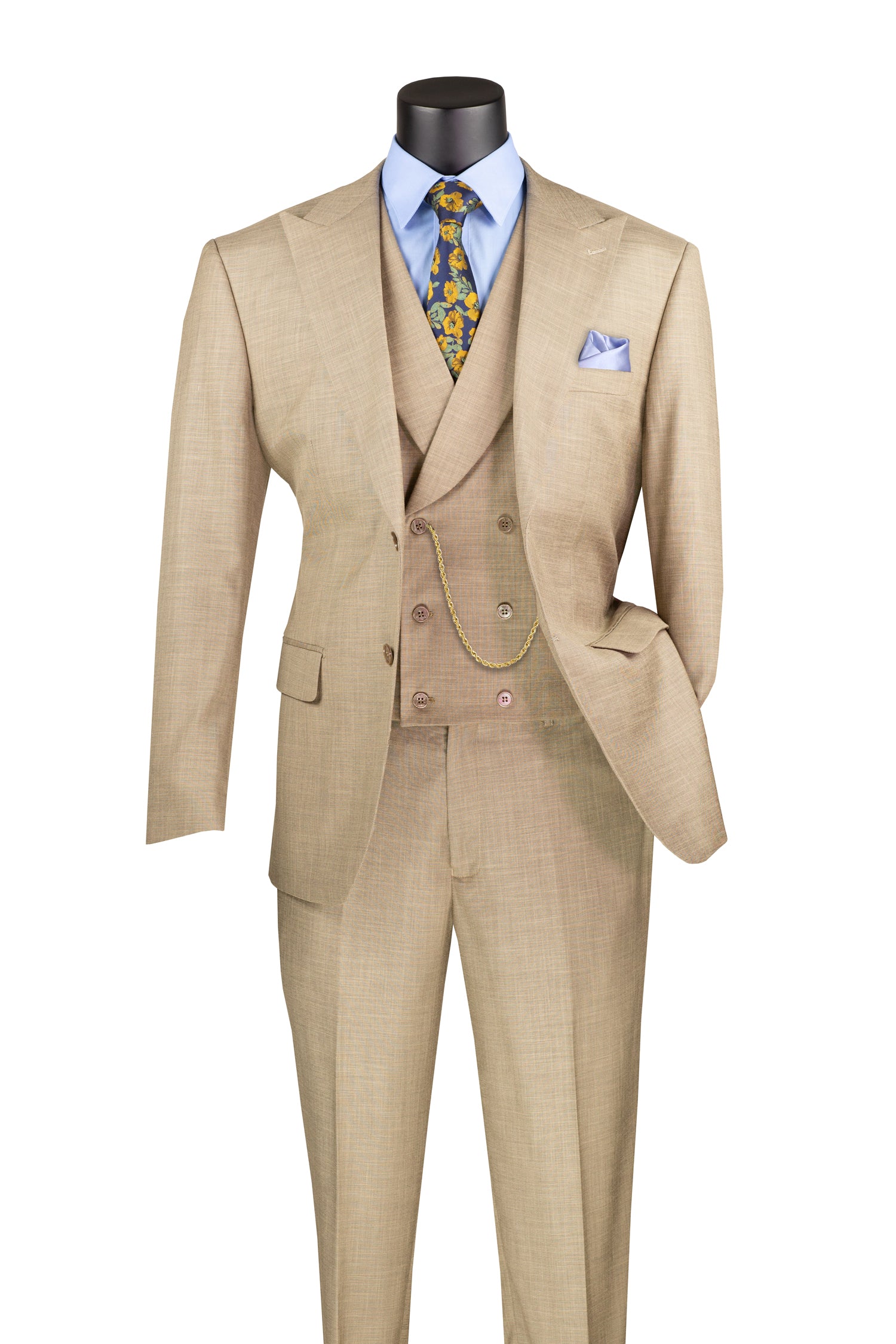 Men’s Modern Fit Summer 3-Piece Suit with Double-Breasted Vest – Taupe MV2K-2