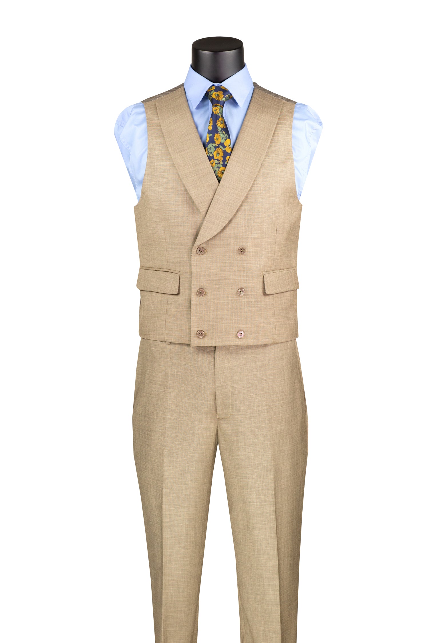 Men’s Modern Fit Summer 3-Piece Suit with Double-Breasted Vest – Taupe MV2K-2