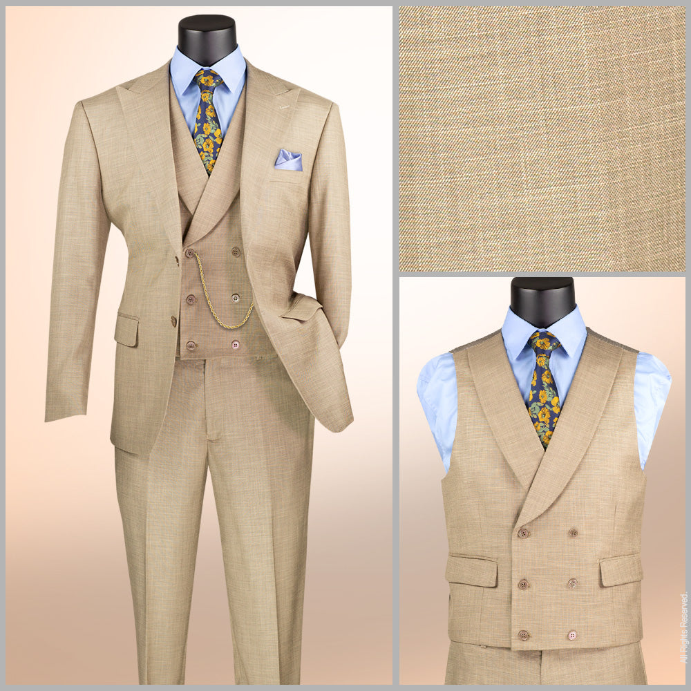 Men’s Modern Fit Summer 3-Piece Suit with Double-Breasted Vest – Taupe MV2K-2