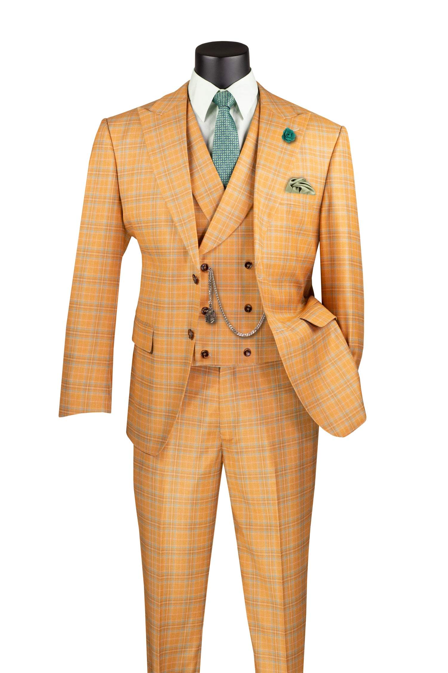 Men’s Orange Modern Fit Windowpane 3-Piece Suit with Double-Breasted Vest MV2W-3