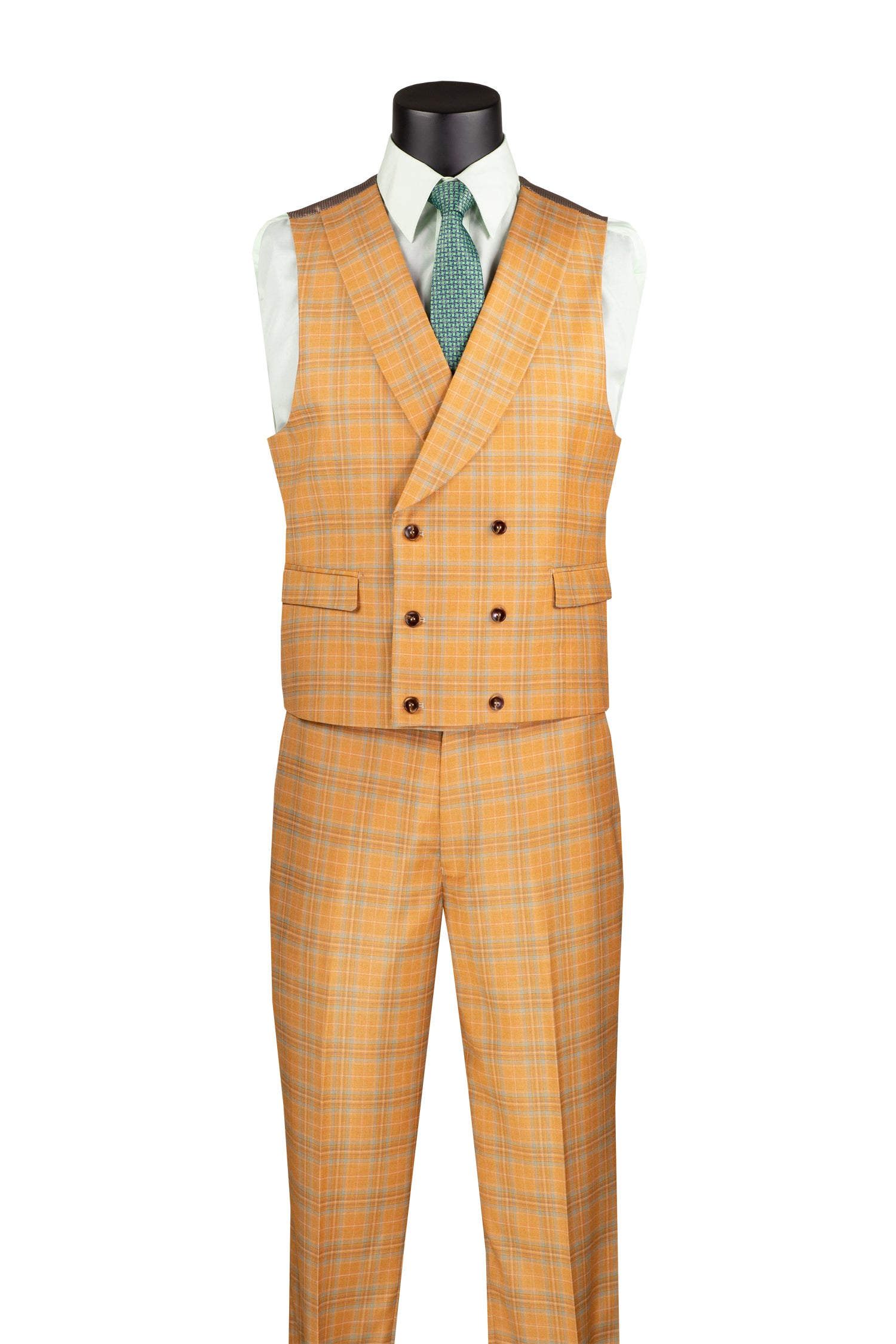 Men’s Orange Modern Fit Windowpane 3-Piece Suit with Double-Breasted Vest MV2W-3