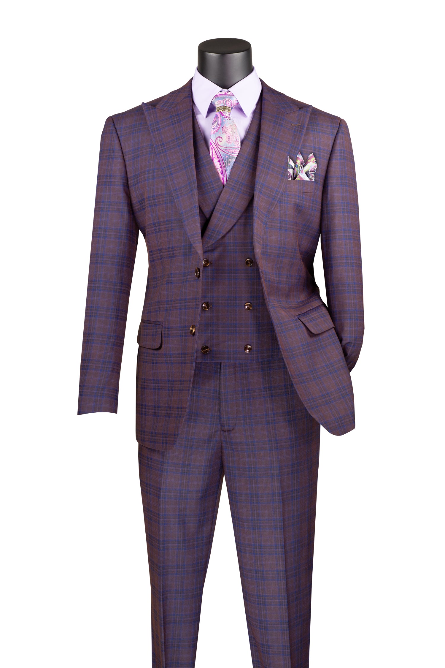 Men’s Purple Modern Fit Windowpane 3-Piece Suit with Double-Breasted Vest MV2W-3