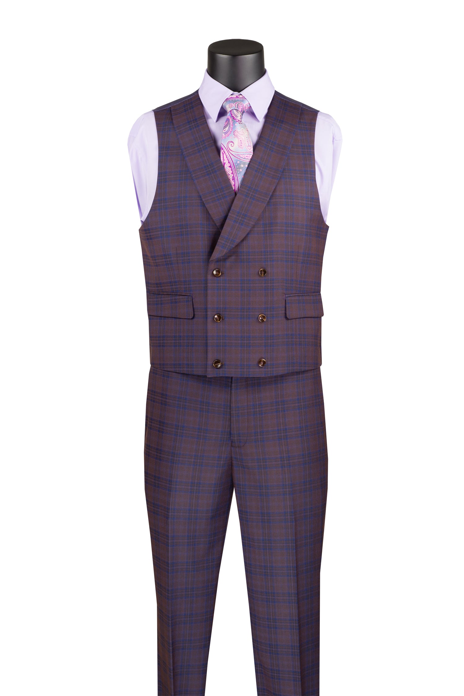 Men’s Purple Modern Fit Windowpane 3-Piece Suit with Double-Breasted Vest MV2W-3