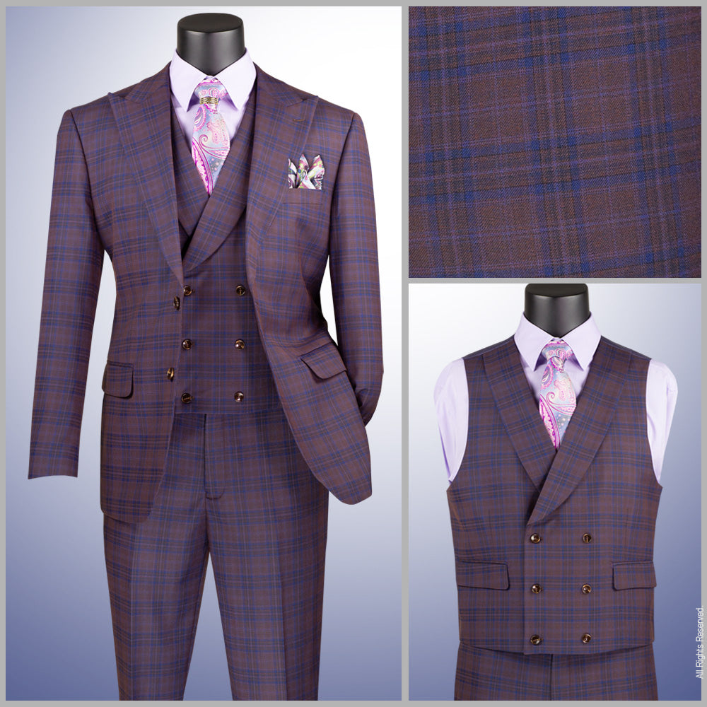 Men’s Purple Modern Fit Windowpane 3-Piece Suit with Double-Breasted Vest MV2W-3
