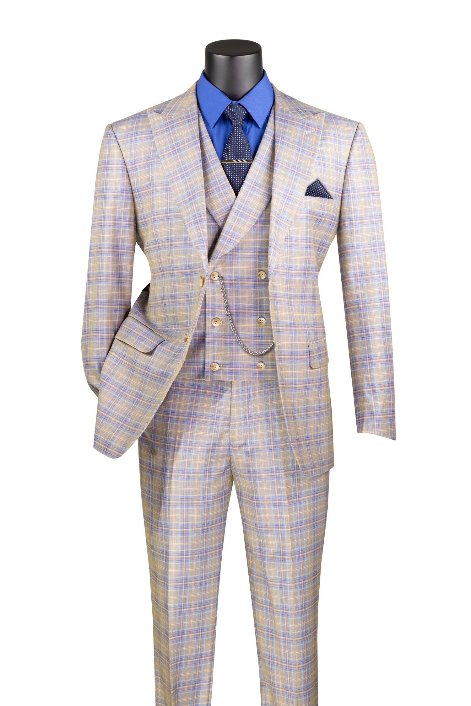 Men’s Blue Modern Fit Windowpane 3-Piece Suit with Double-Breasted Vest MV2W-3