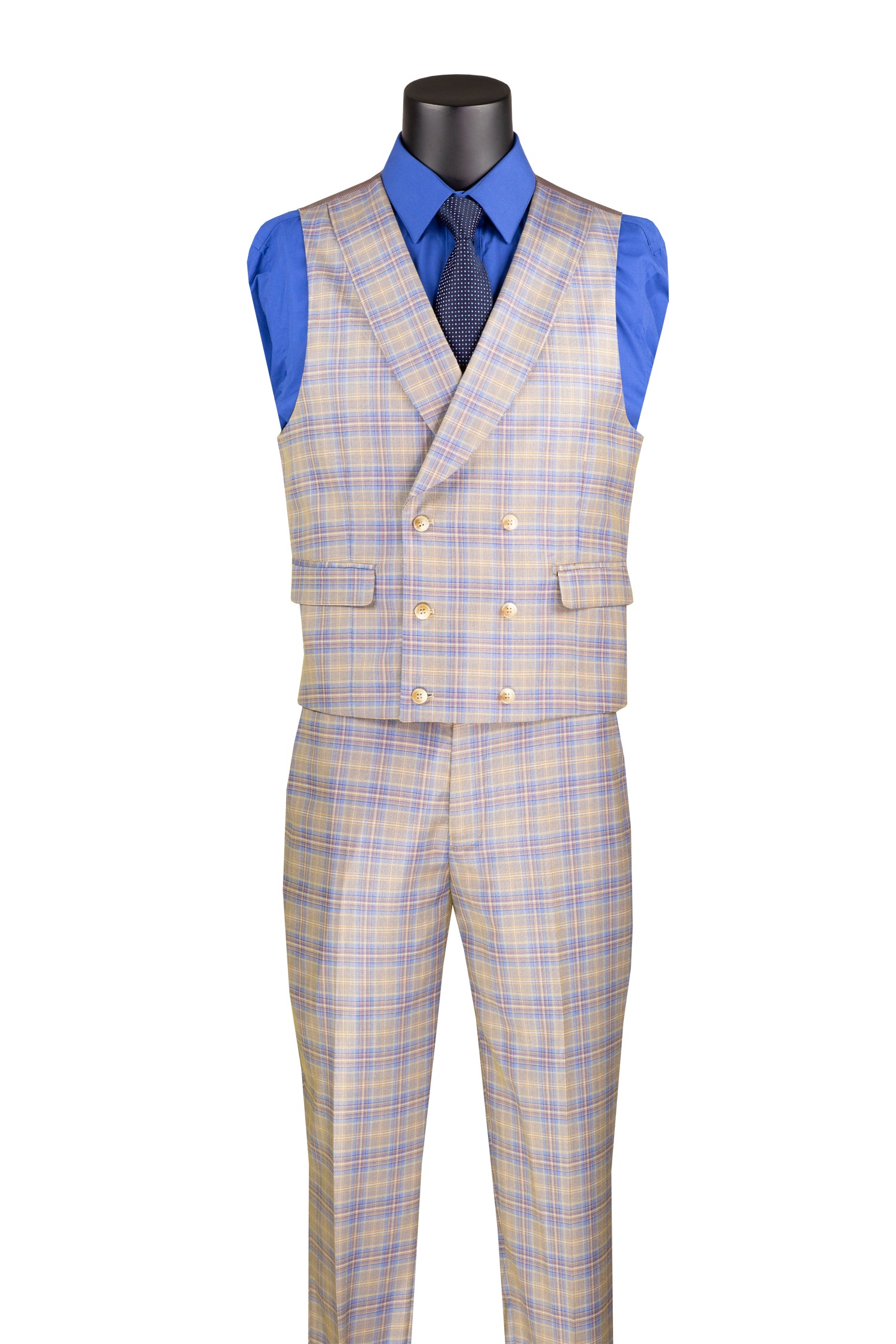 Men’s Blue Modern Fit Windowpane 3-Piece Suit with Double-Breasted Vest MV2W-3