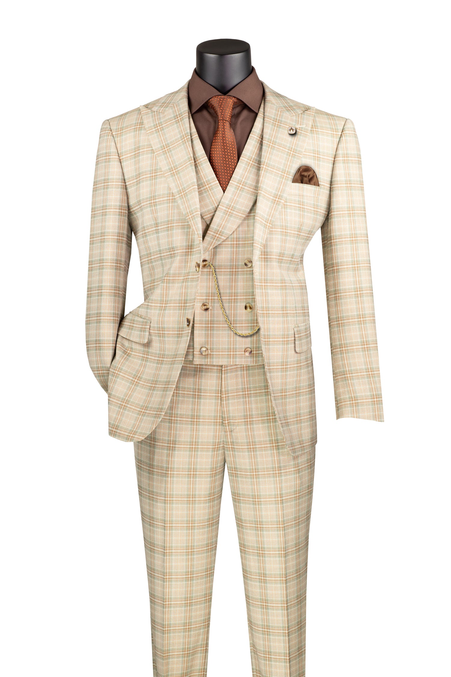Men’s Khaki Modern Fit Windowpane 3-Piece Suit with Double-Breasted Vest MV2W-3